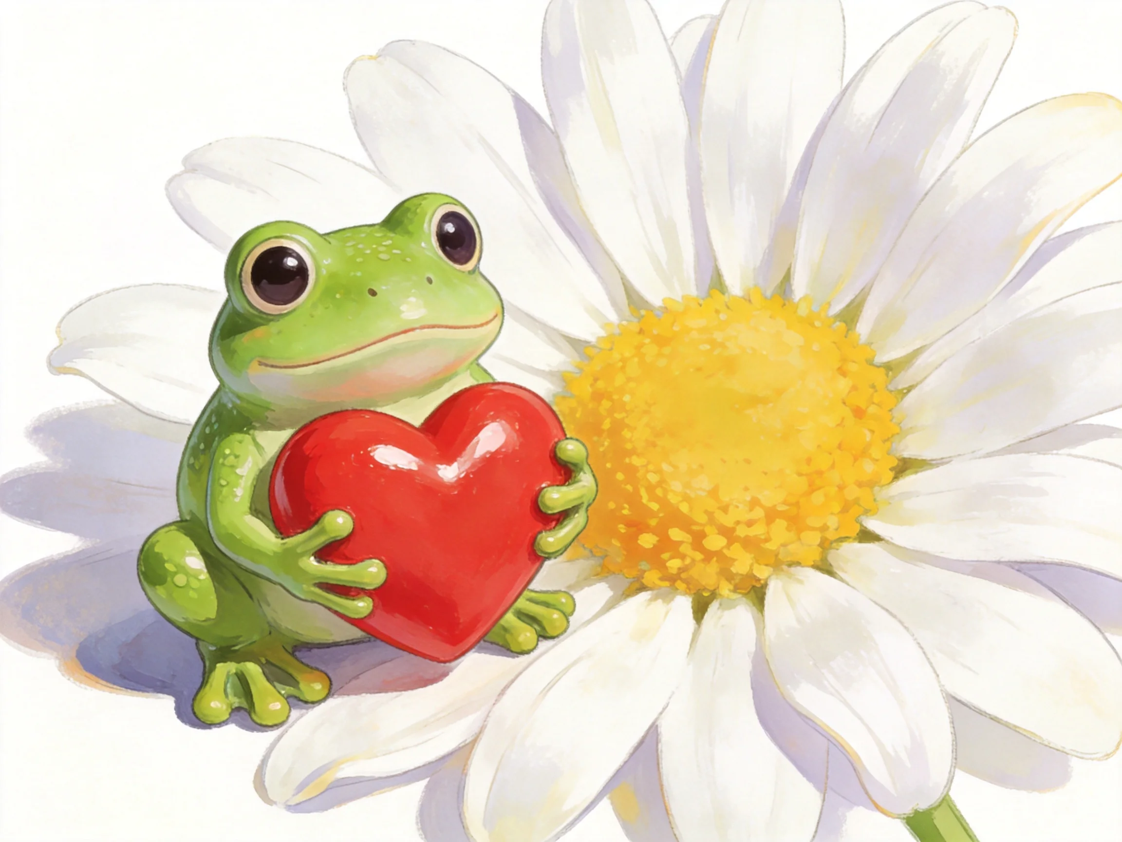 A green frog clutching a red heart beside a large white daisy