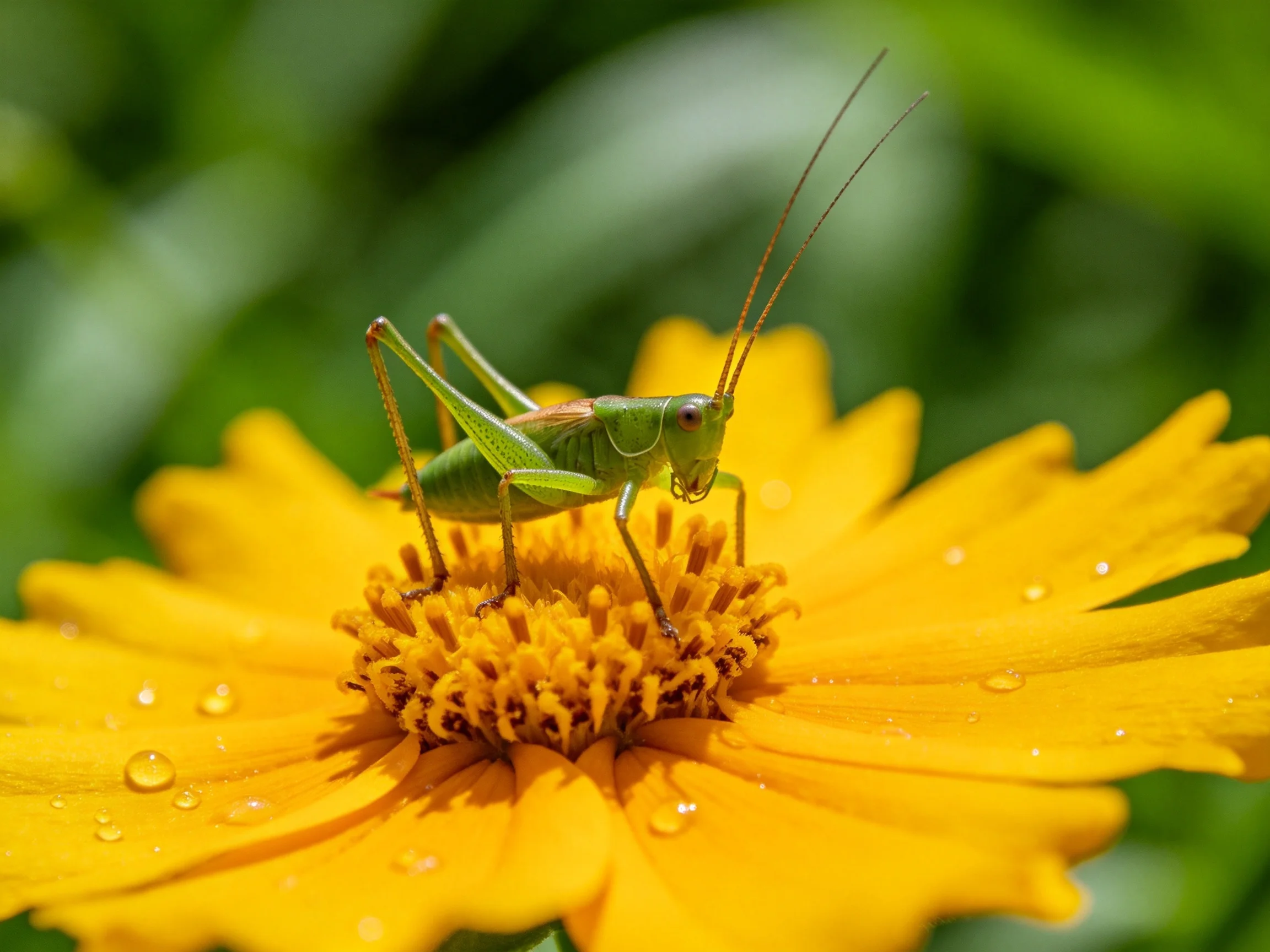 A green grasshopper perched on a vibrant yellow flower with dewdrops
