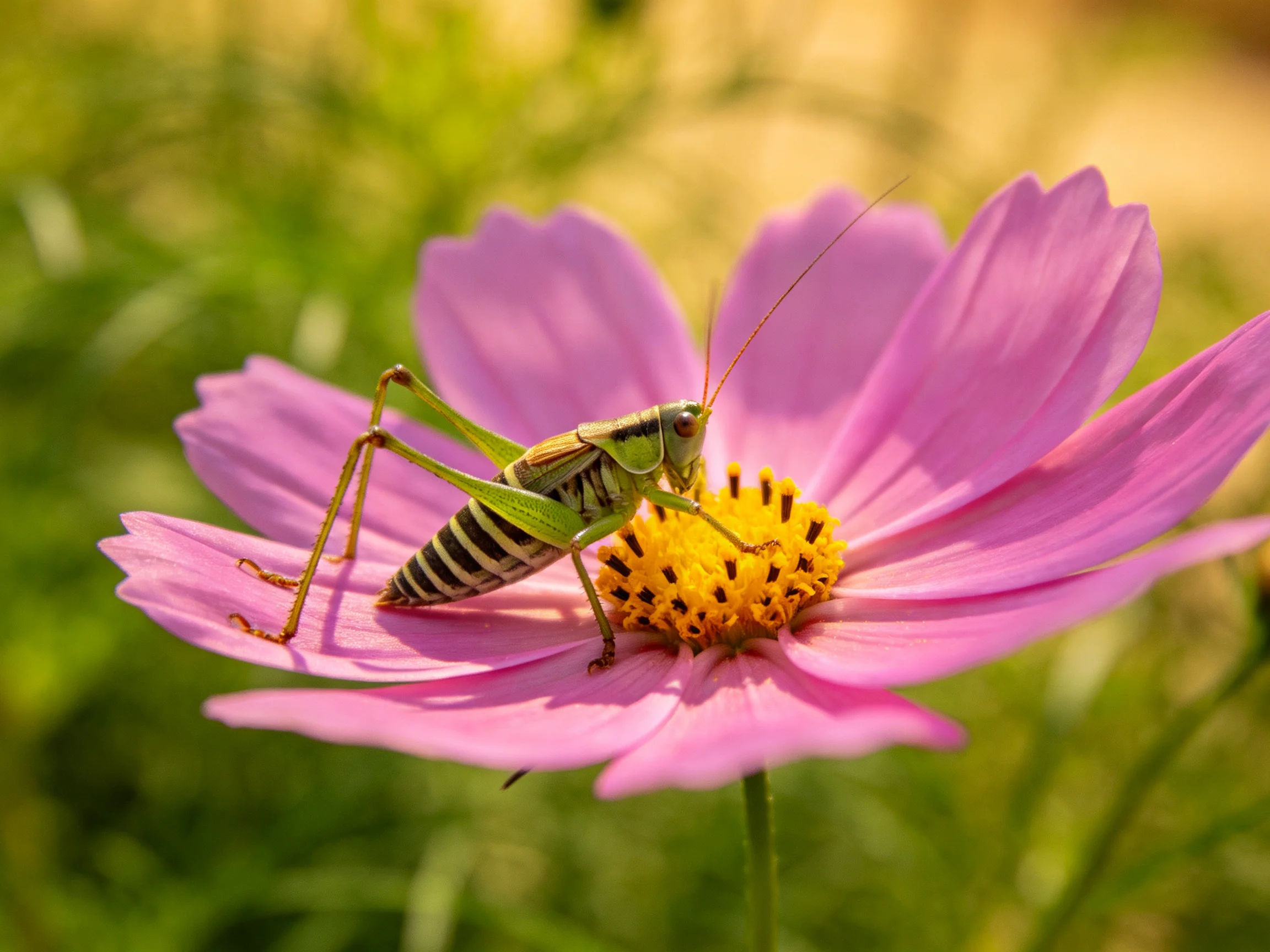 A green grasshopper rests on a vibrant pink cosmos flower