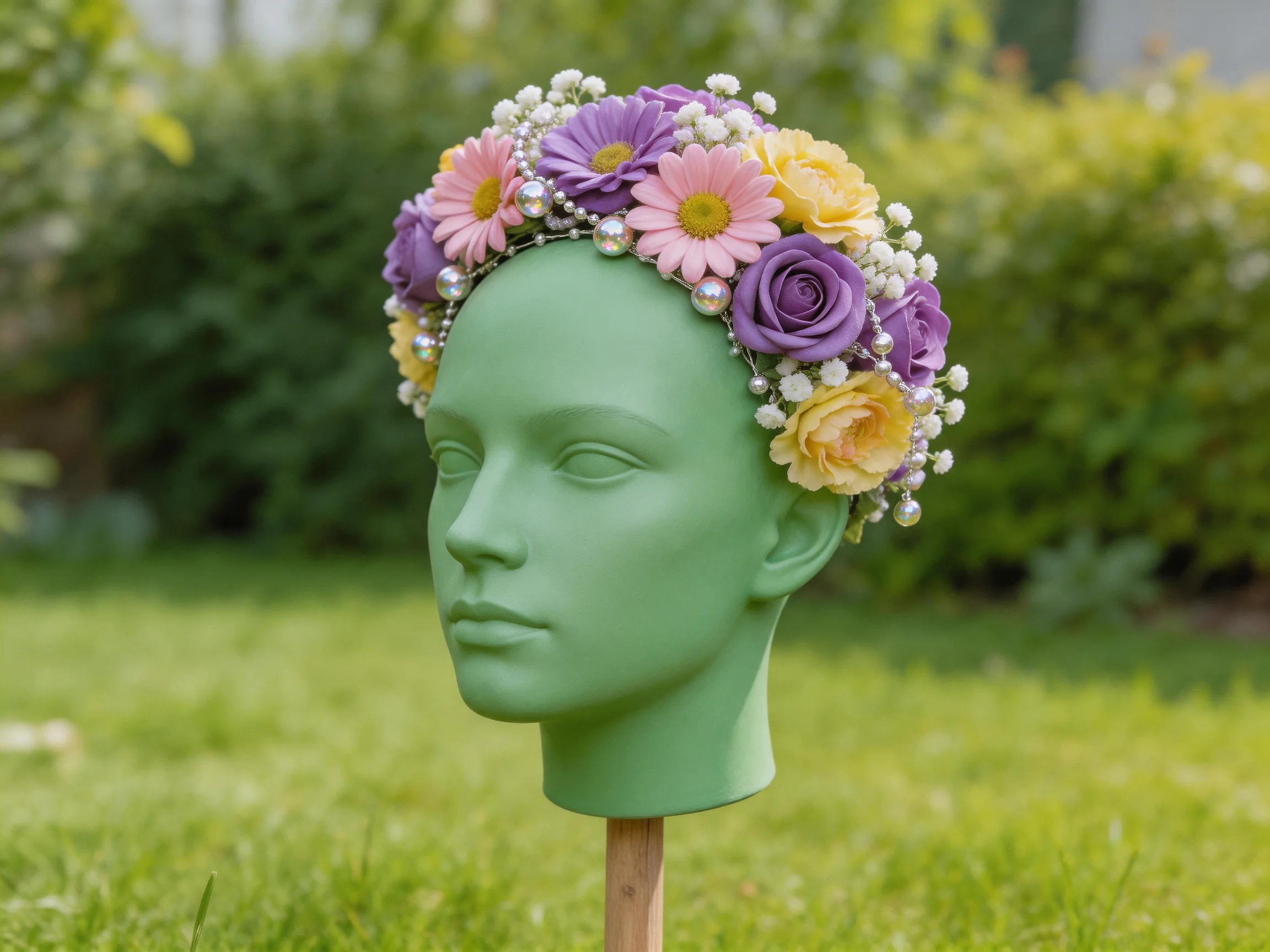 A green mannequin head with vibrant flower crown and pearl decorations