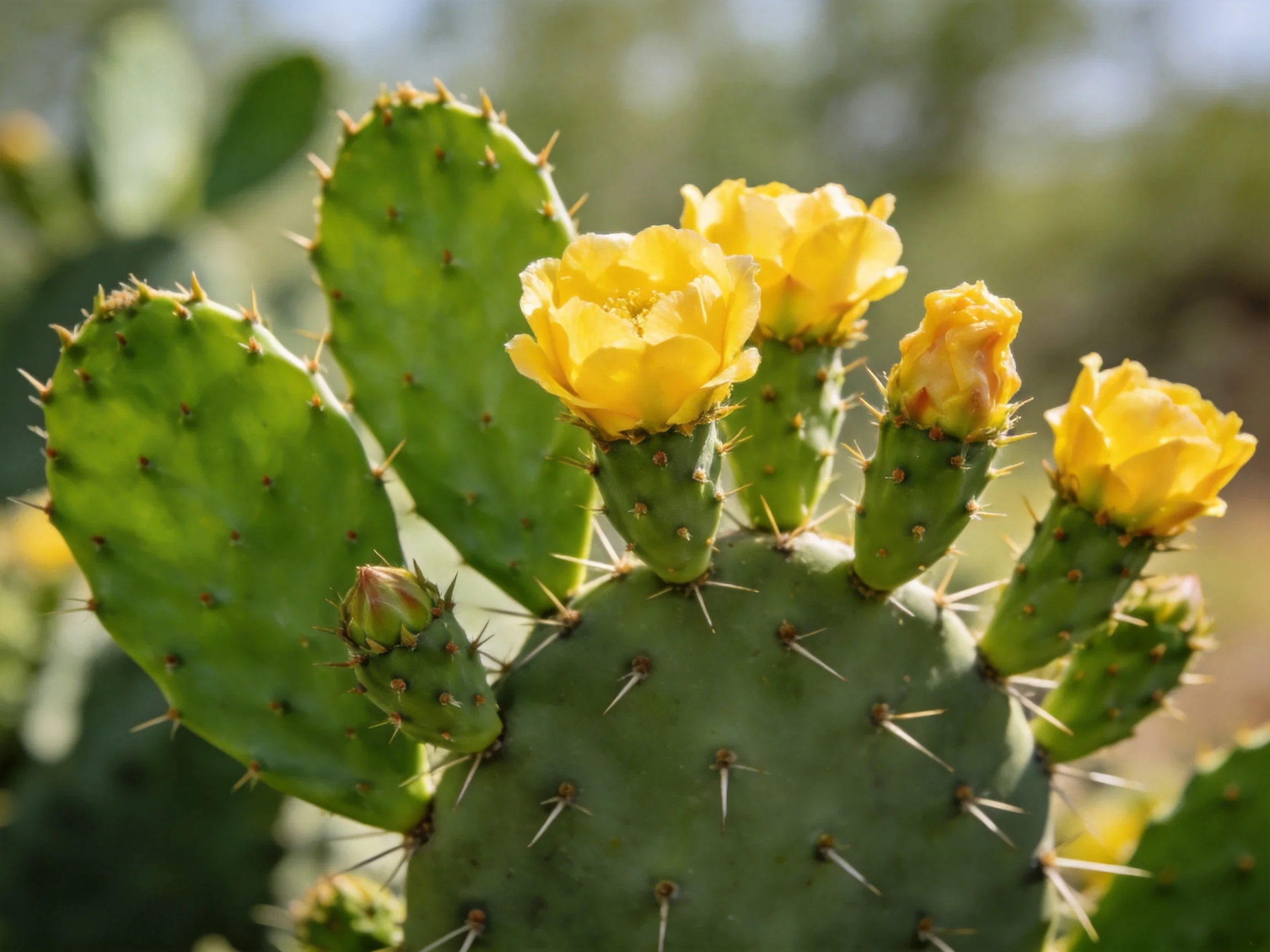 A green prickly pear cactus with bright yellow flowers