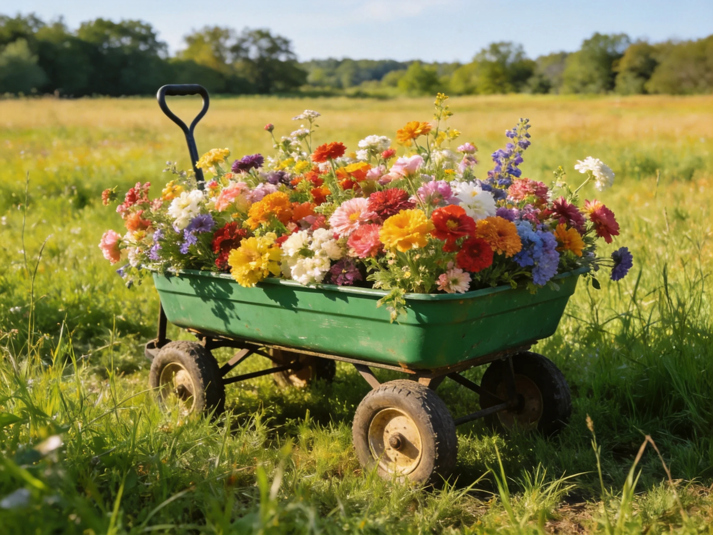 A green wagon overflowing with vibrant wildflowers in a sunny meadow