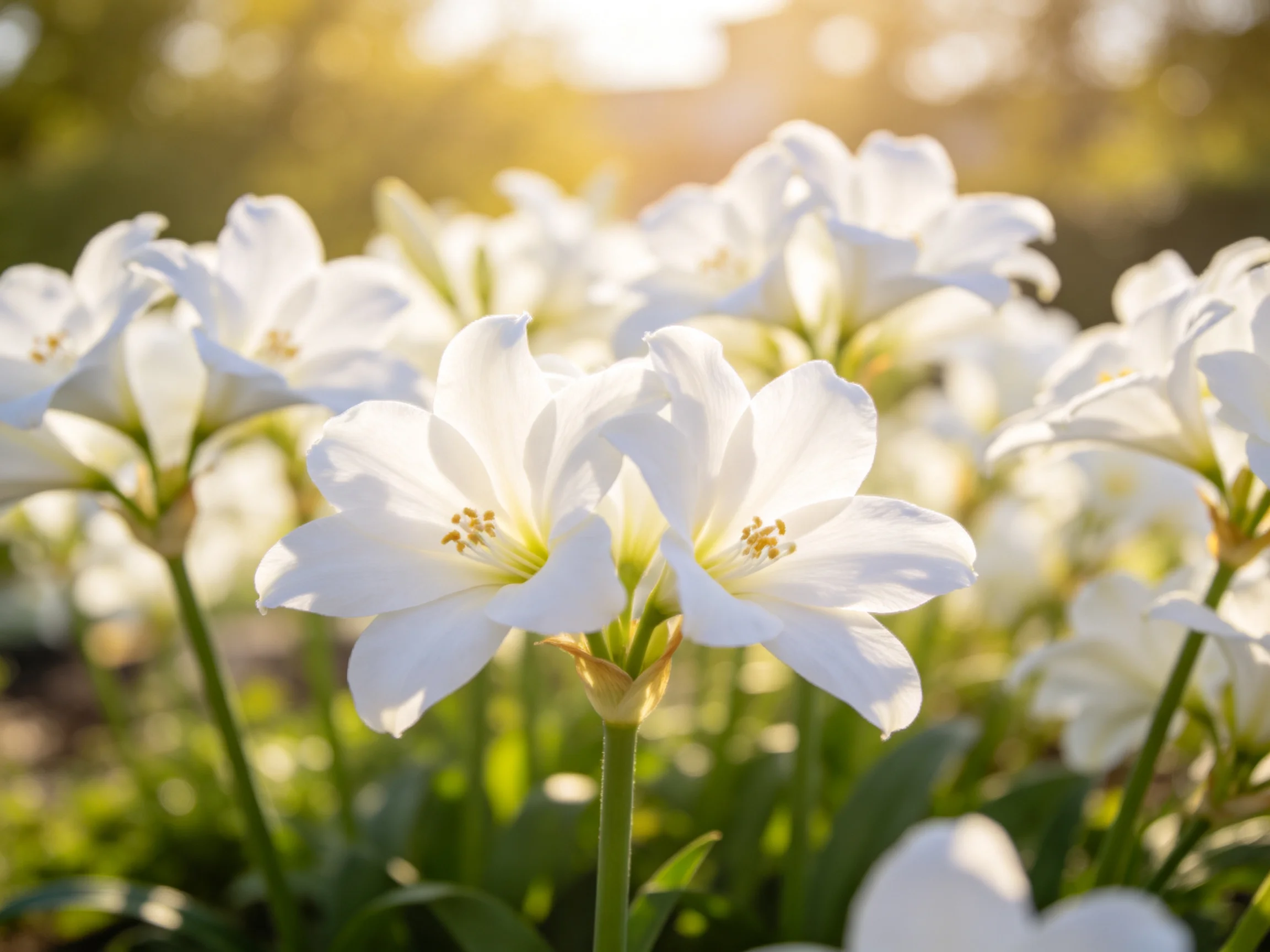 A group of delicate white flowers illuminated by golden sunlight