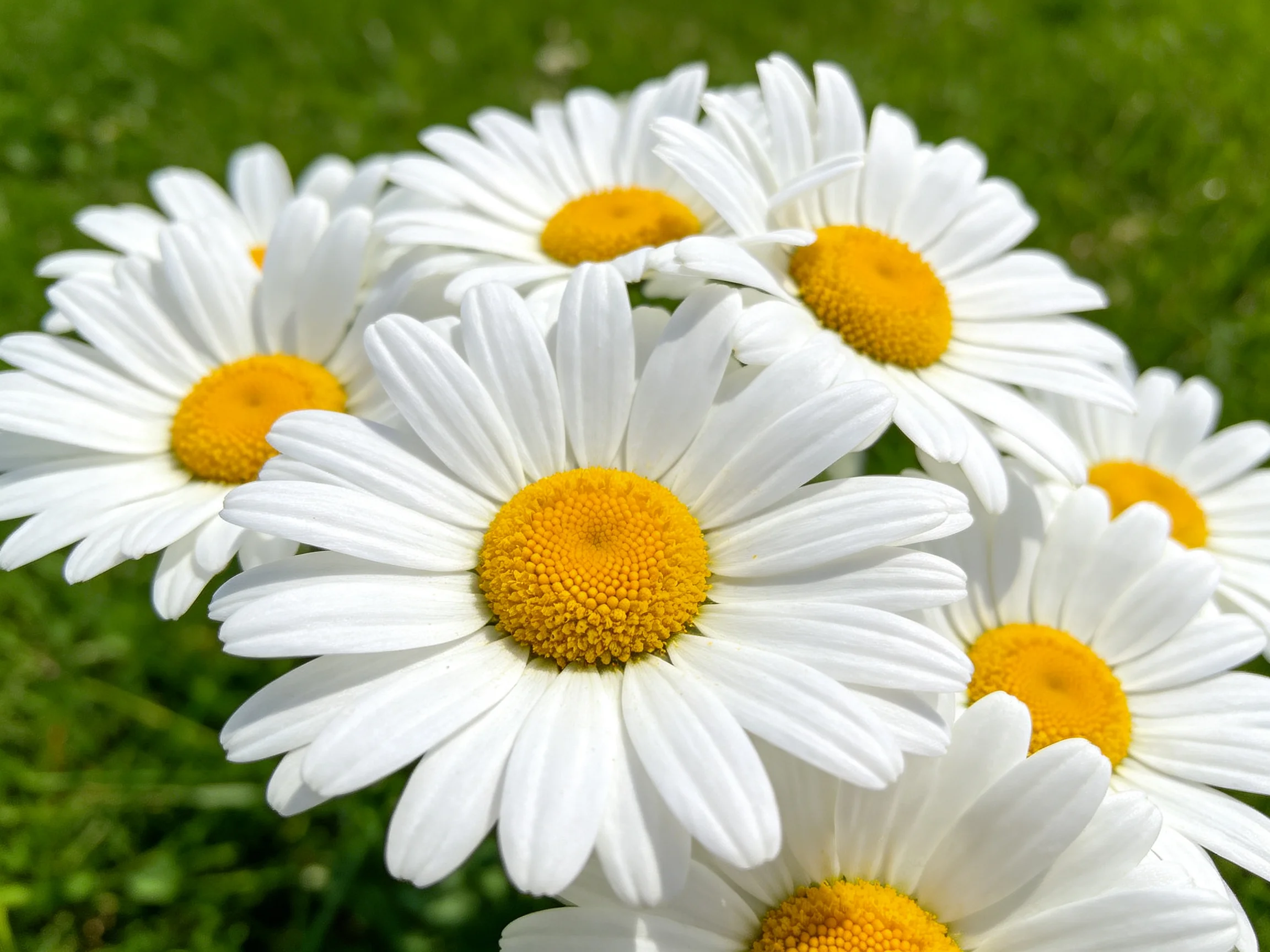 A group of white daisies with bright yellow centers surrounded by greenery