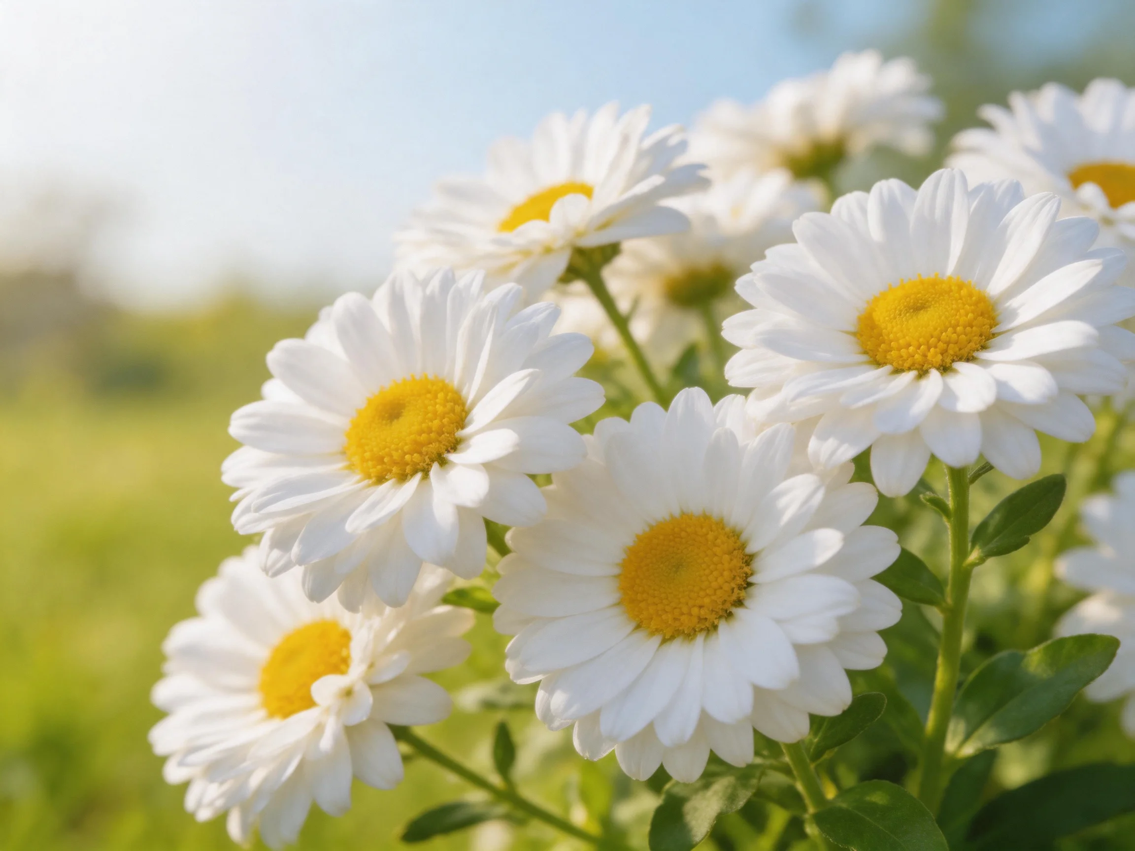 A group of white daisies with yellow centers in a sunny field