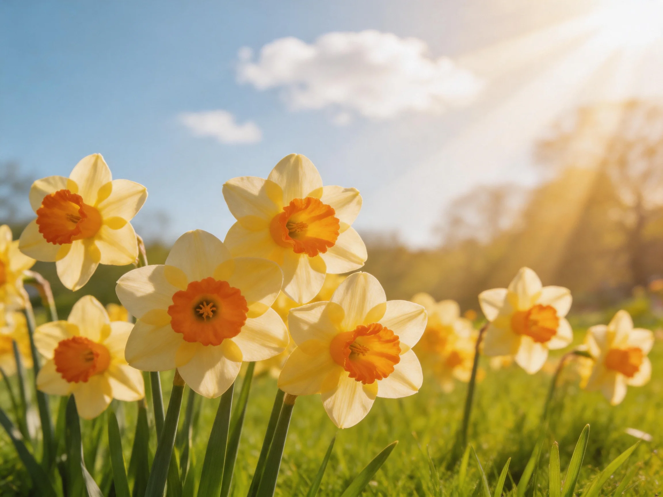 A group of yellow-and-orange daffodils flourishes in a sunlit meadow