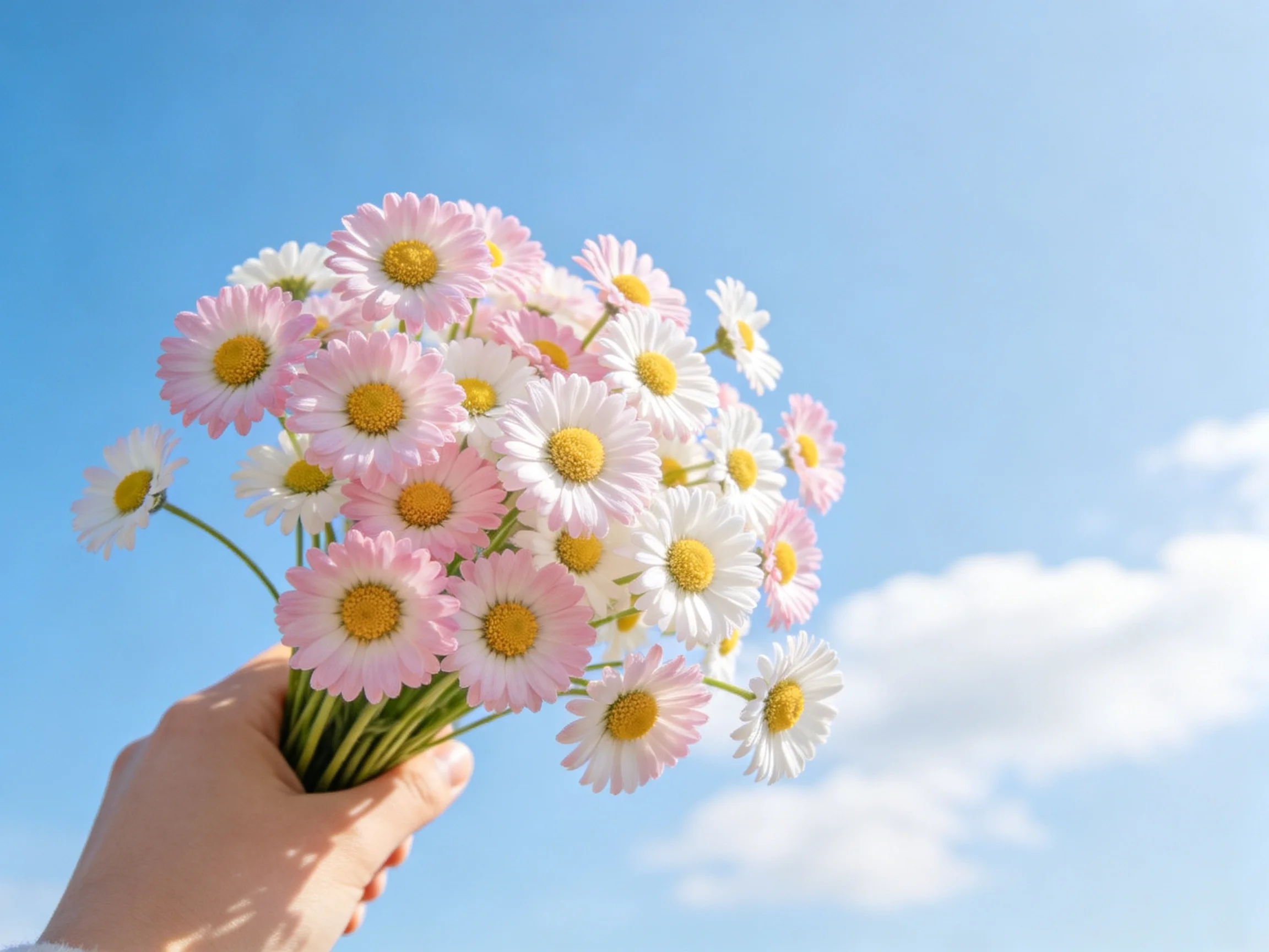 A hand holds a bouquet of pink and white daisies under a clear blue sky
