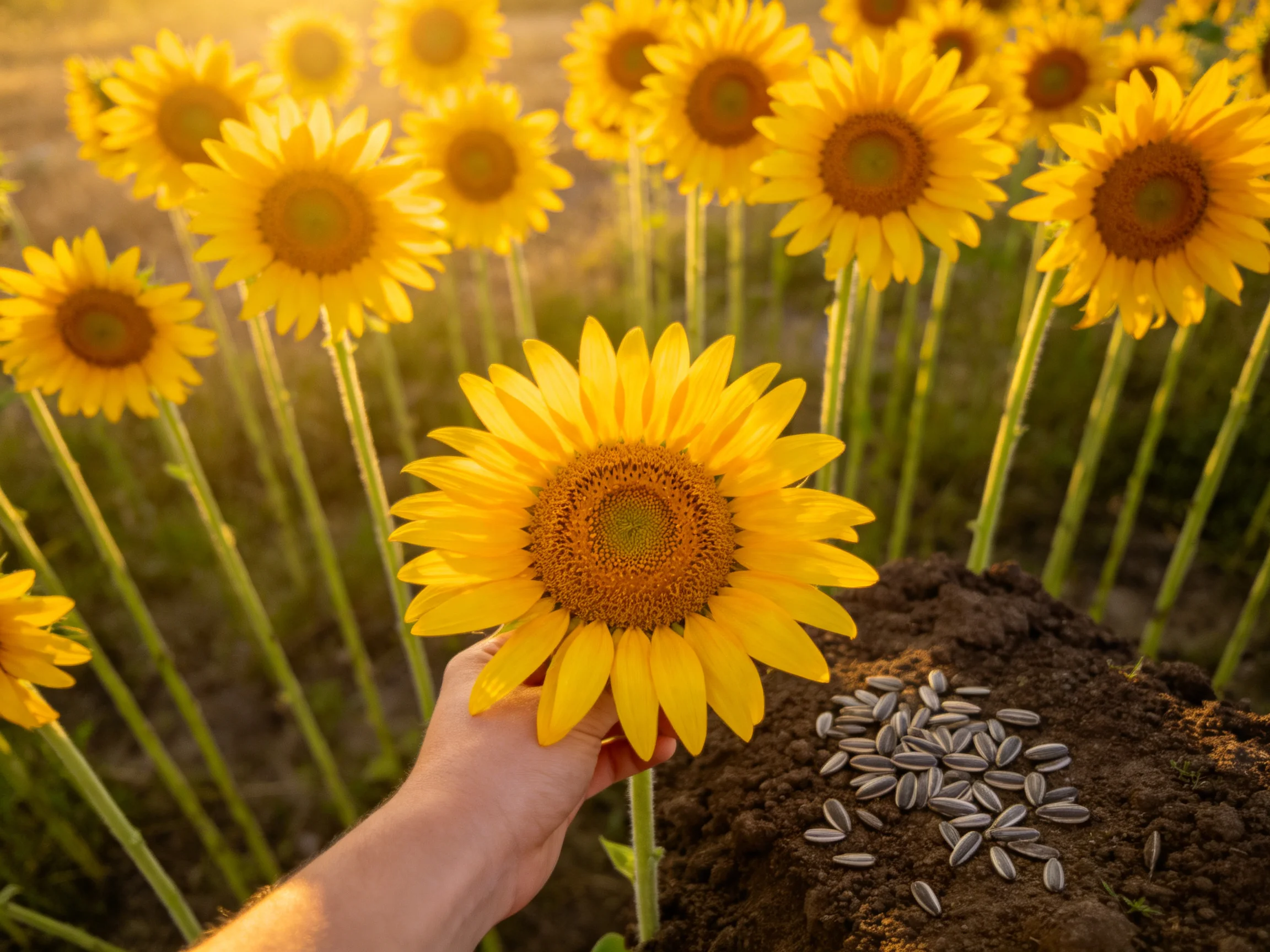 A hand holds a bright sunflower near scattered seeds and blooming sunflowers