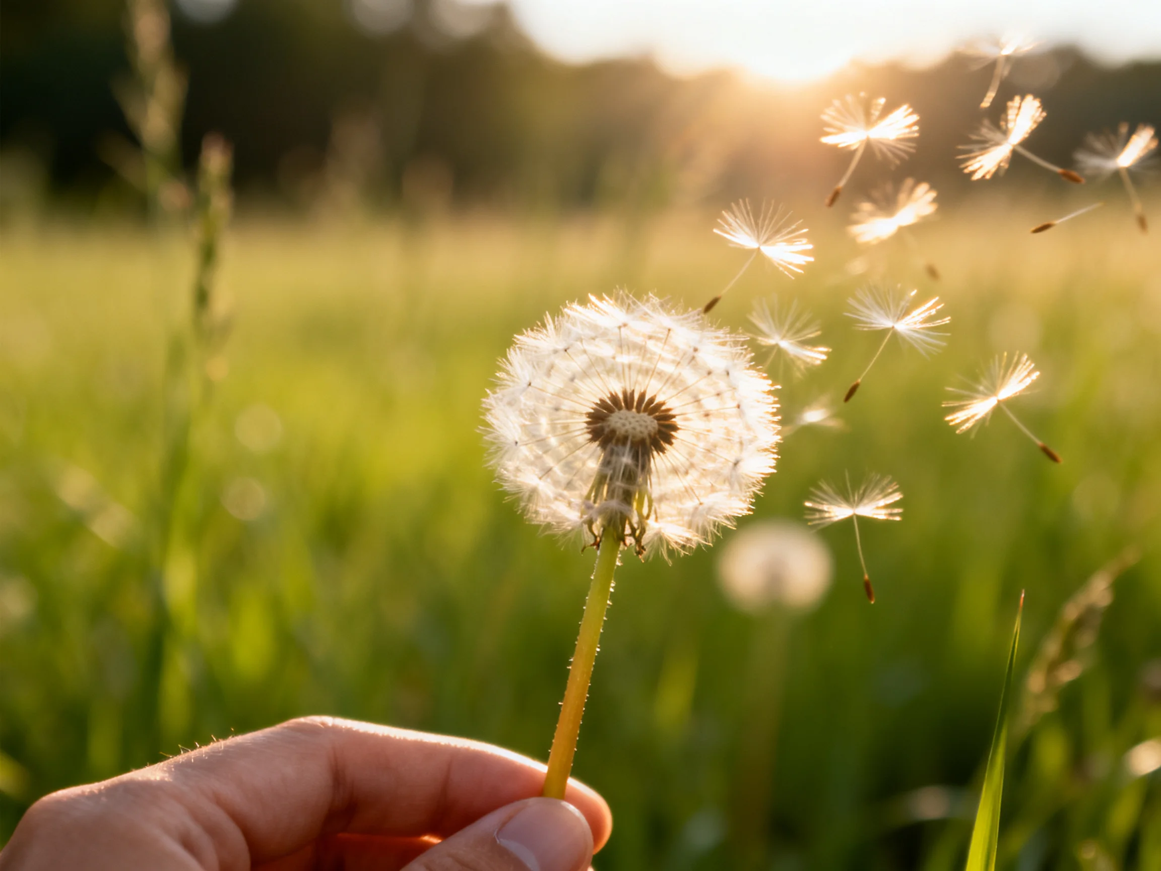 A hand holds a dandelion with seeds floating in a sunlit meadow