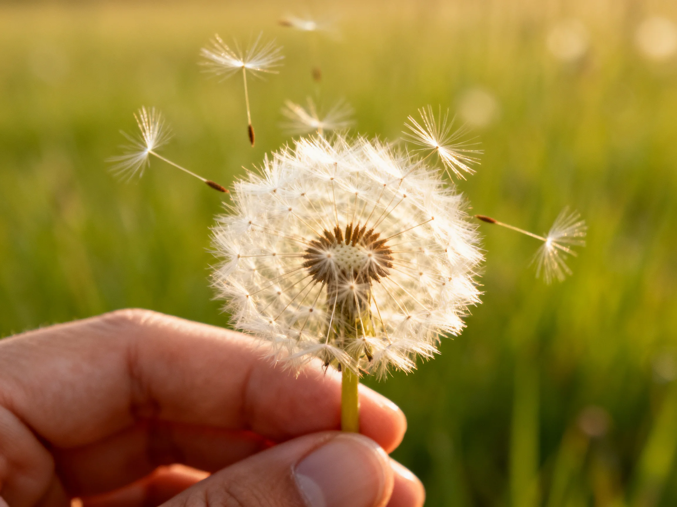 A hand holds a fluffy dandelion with seeds floating in a green meadow
