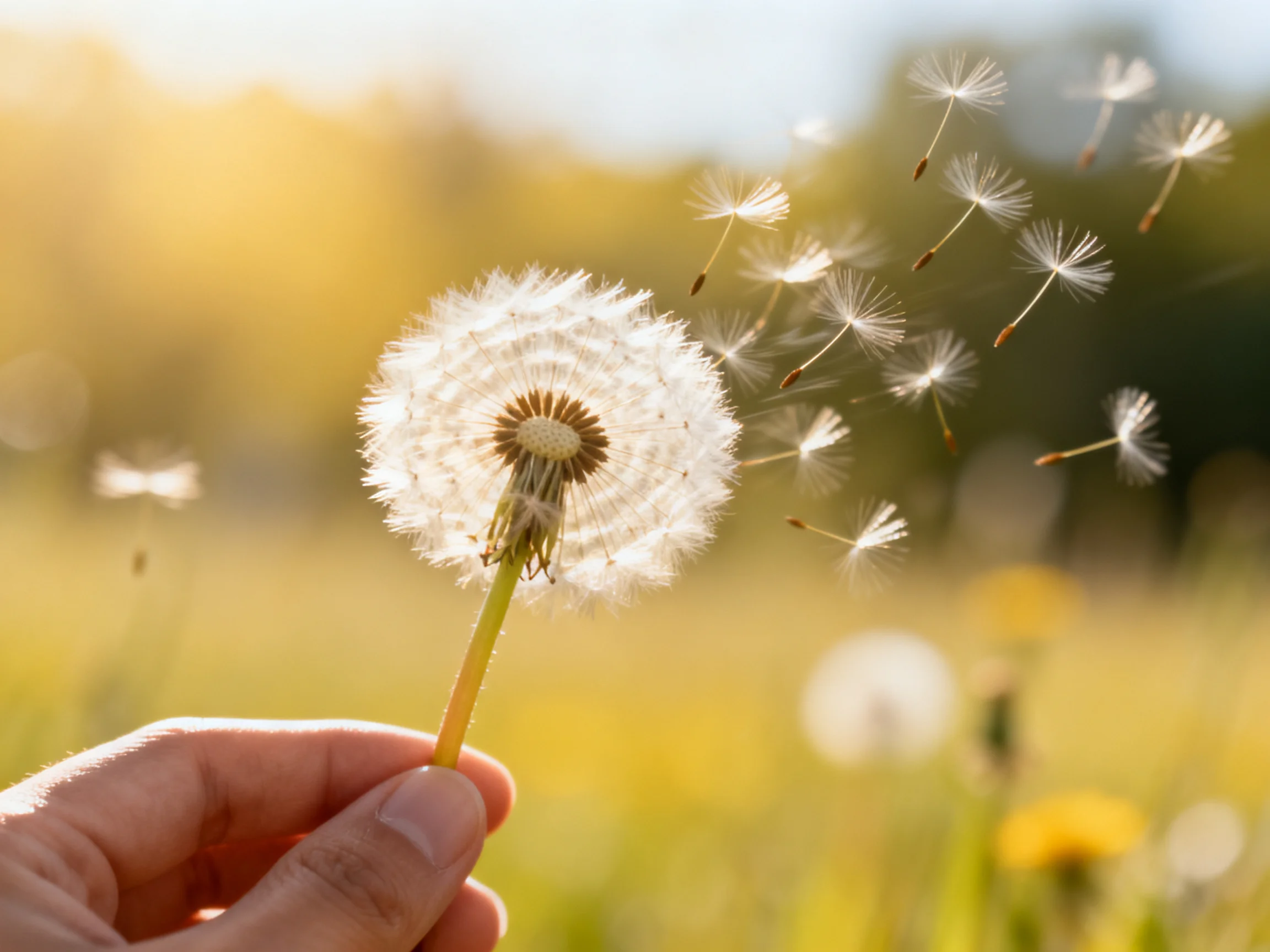 A hand holds a fluffy white dandelion with seeds dispersing in a sunlit meadow