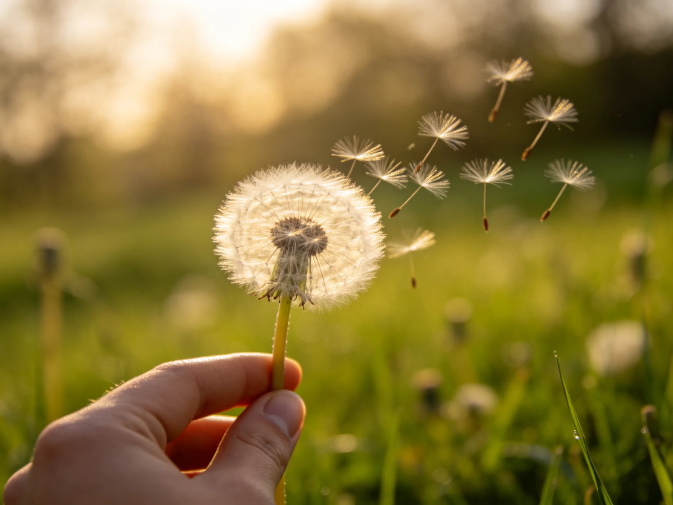 A hand holds a fluffy white dandelion with seeds drifting in a sunlit meadow