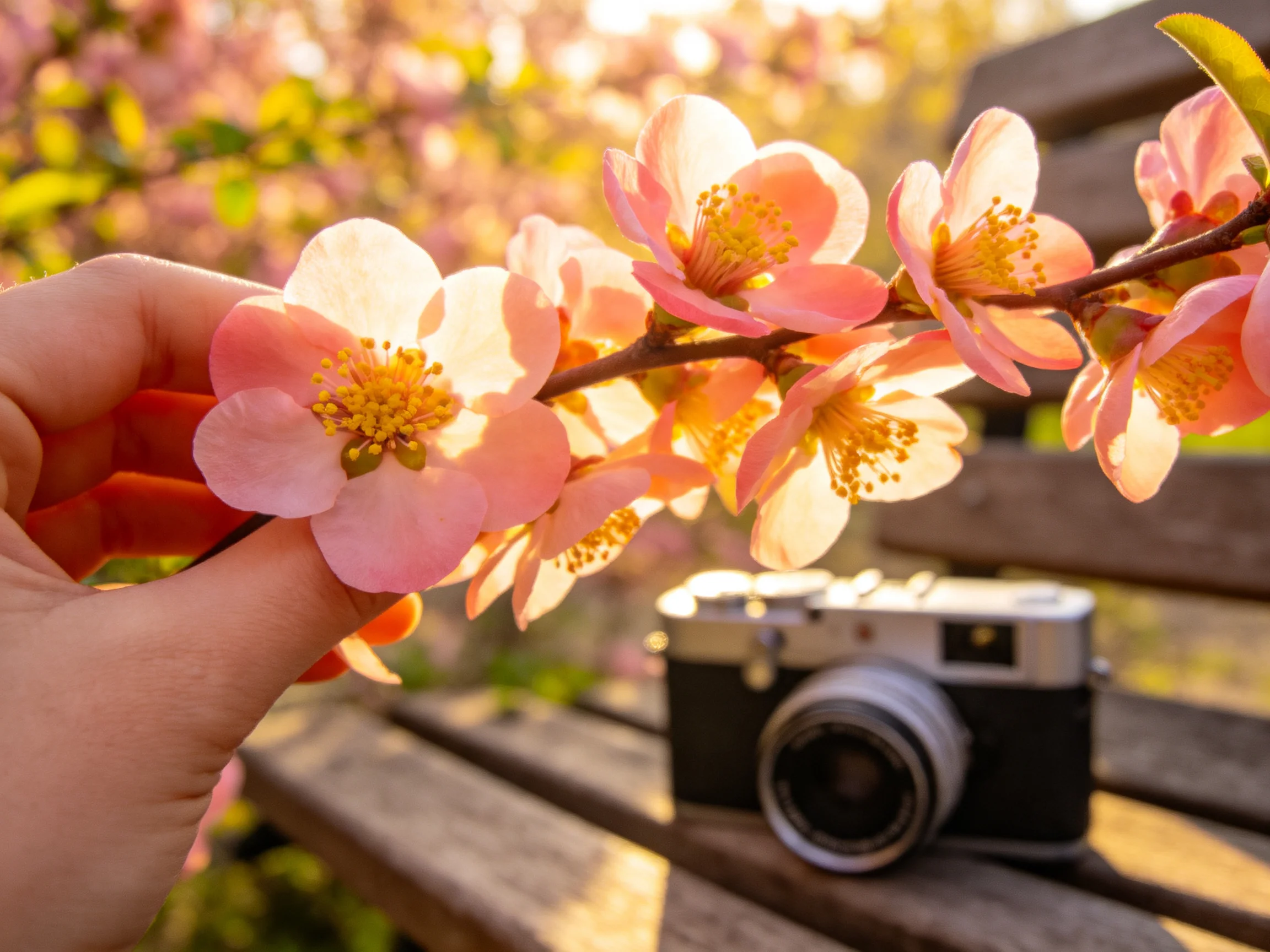 A hand holds pink blossoms beside a vintage camera on a wooden bench