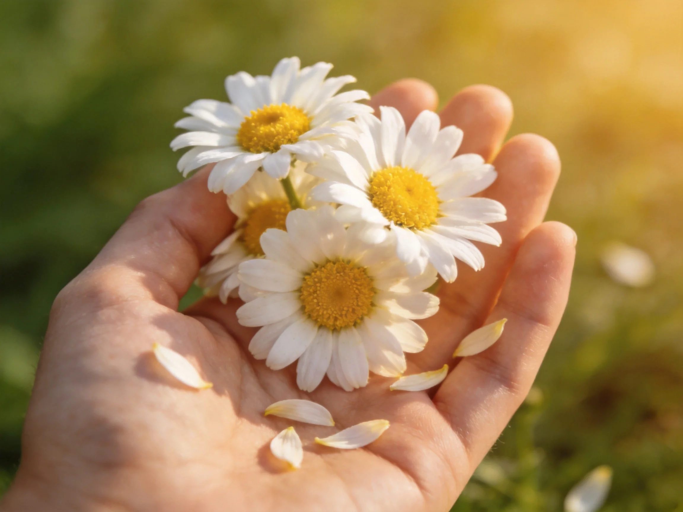 A hand holds three daisies with white petals and yellow centers