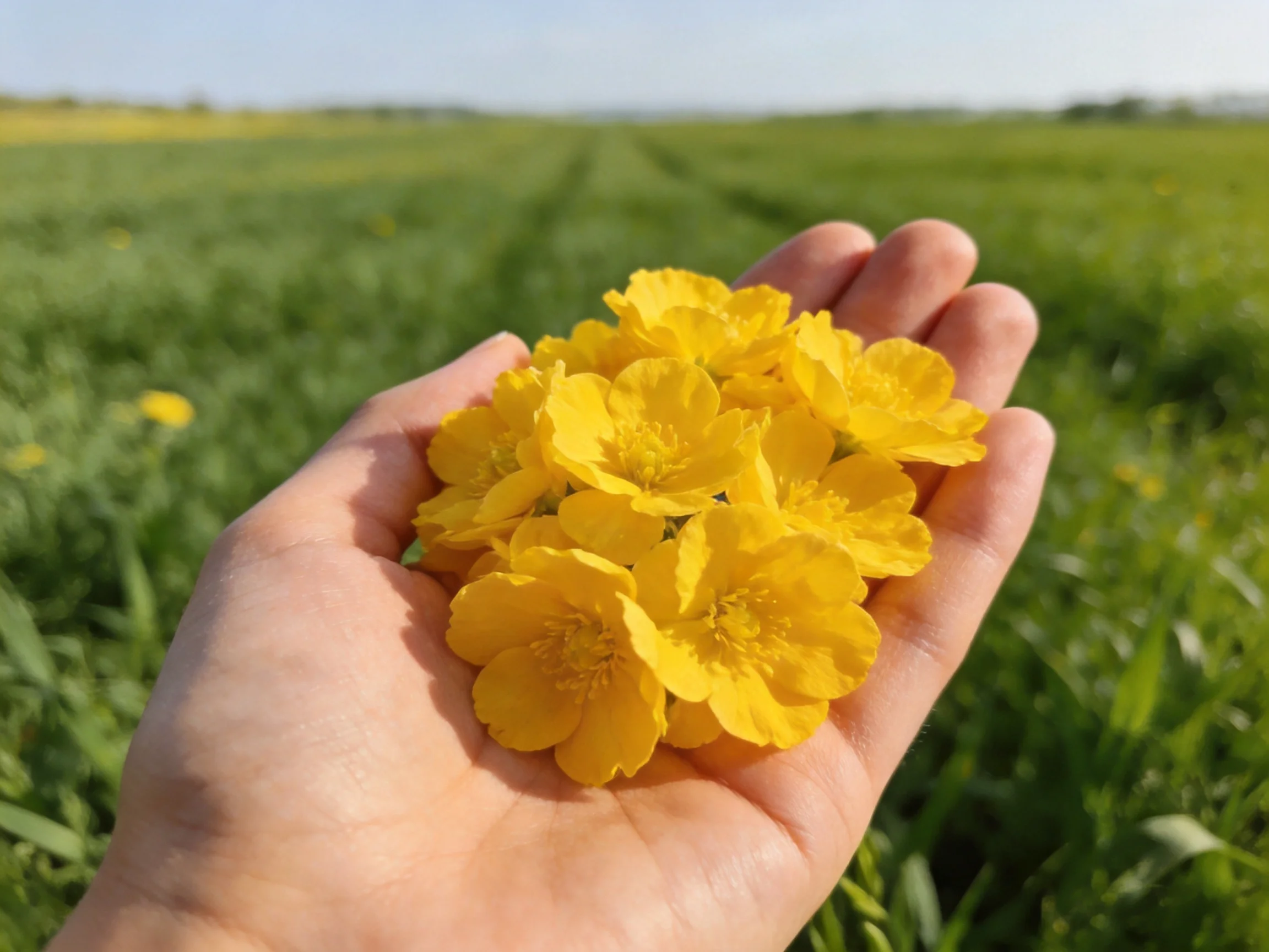 A hand holds vibrant yellow wildflowers in a green meadow