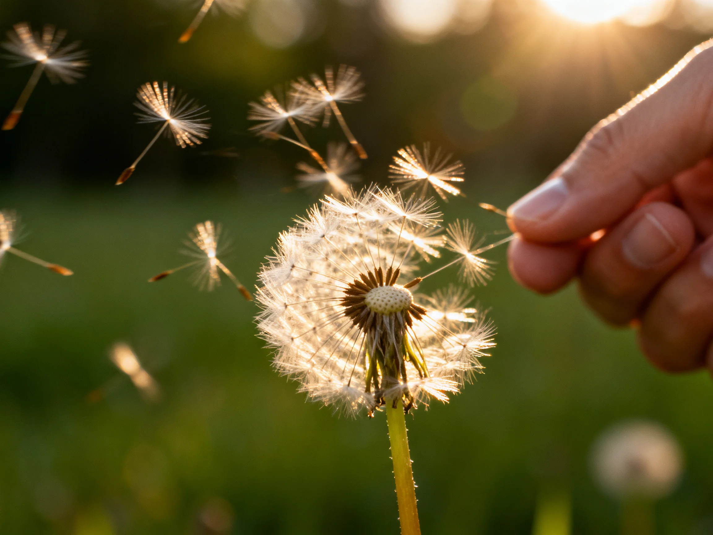 A hand interacting with a dandelion as seeds float in golden sunlight