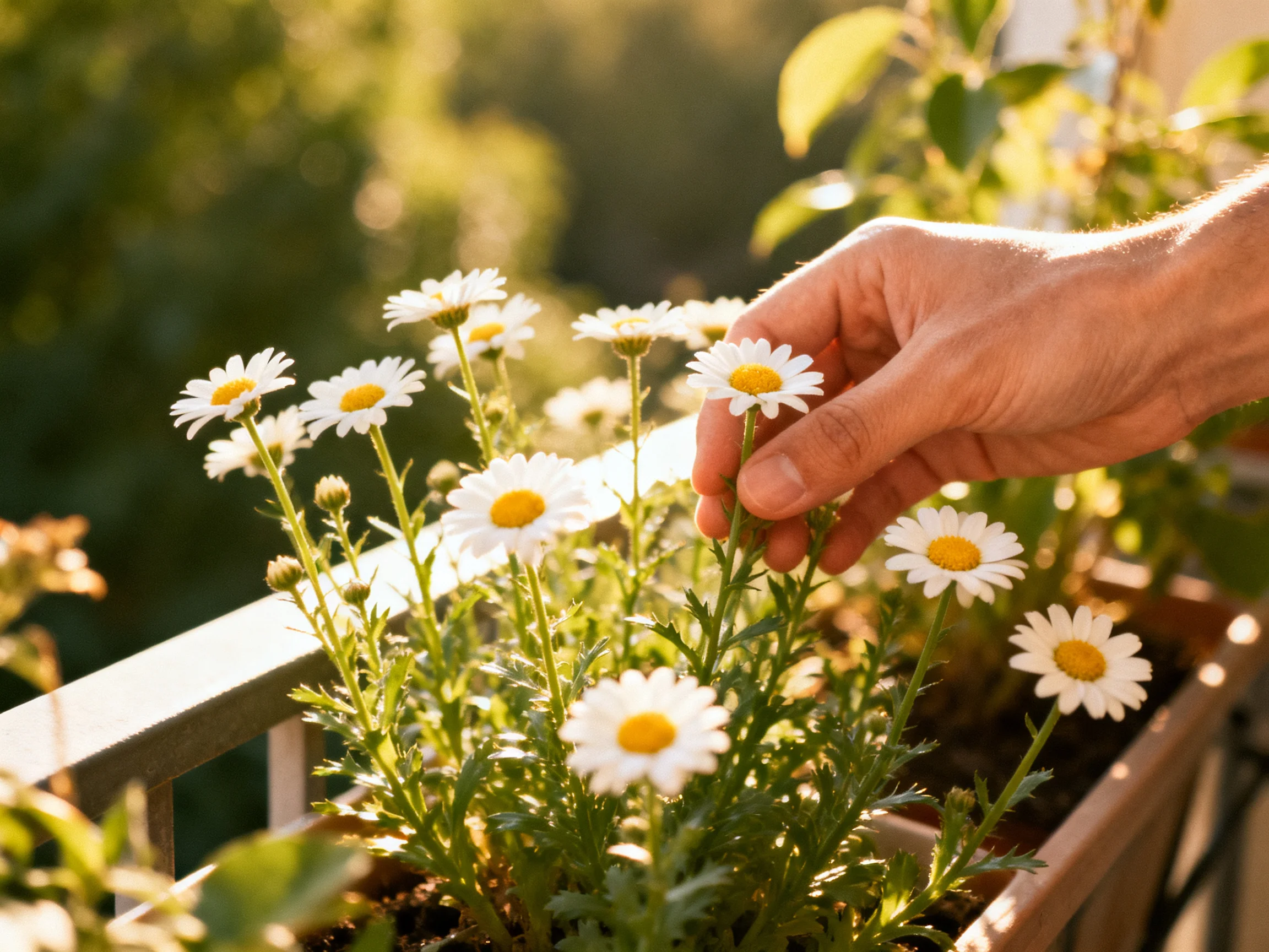 A hand tending white daisies in a sunlit planter