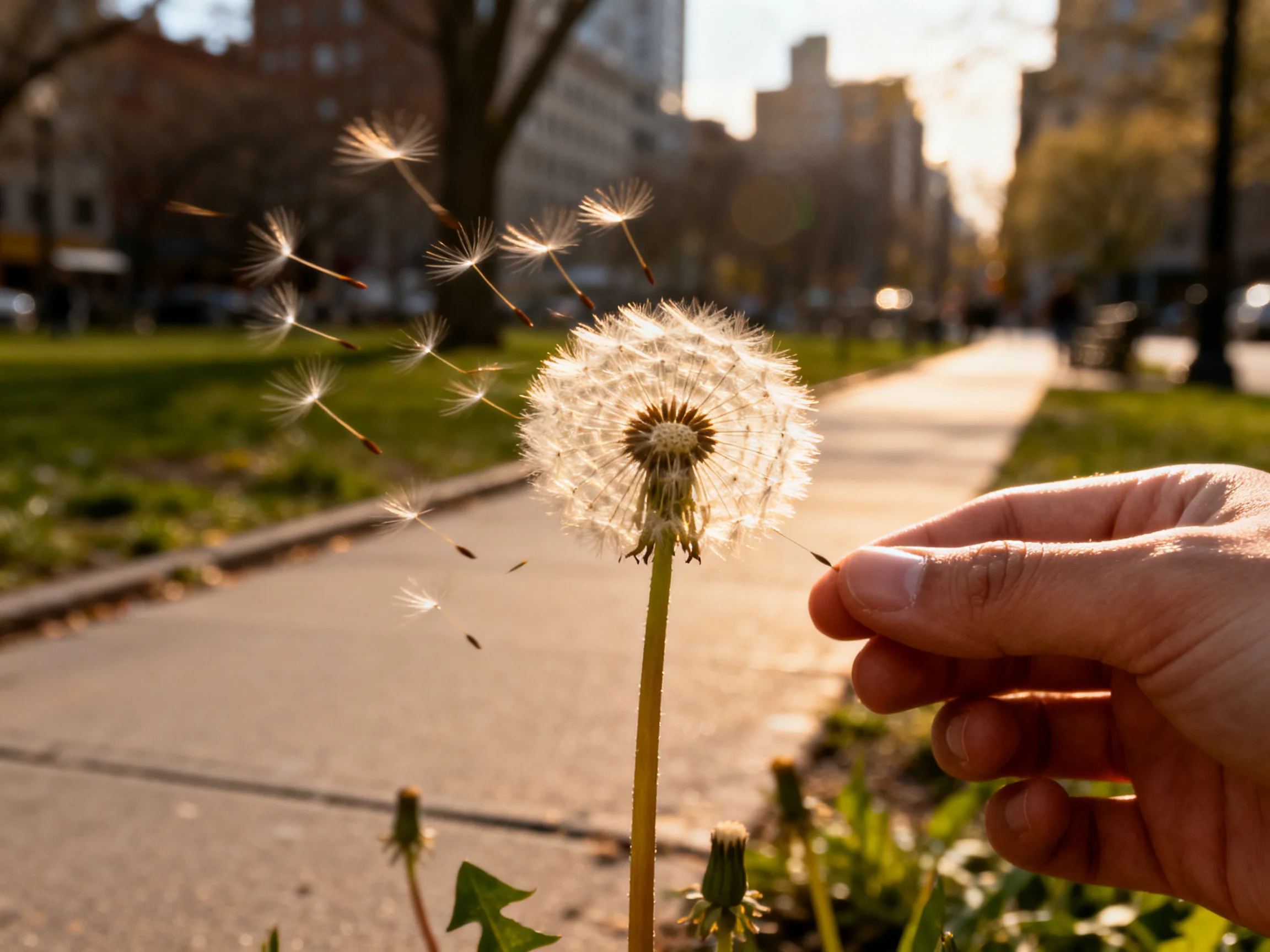 A hand touching a glowing dandelion with seeds floating in an urban park