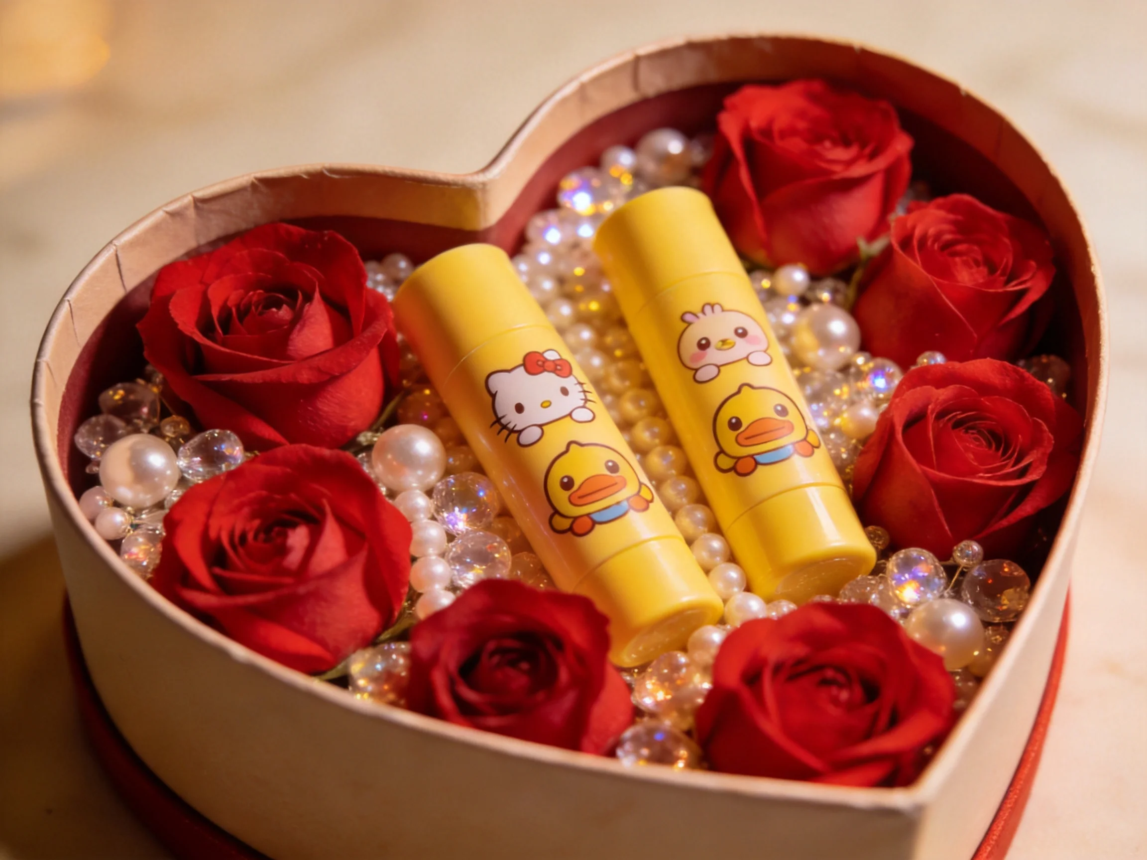 A heart - shaped box holds red roses, yellow cartoon lip balms, and pearl decorations.