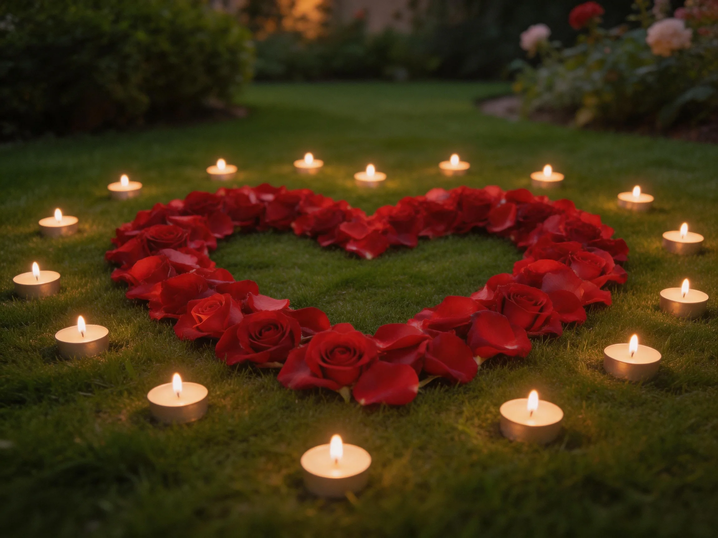 A heart - shaped red rose arrangement surrounded by lit candles
