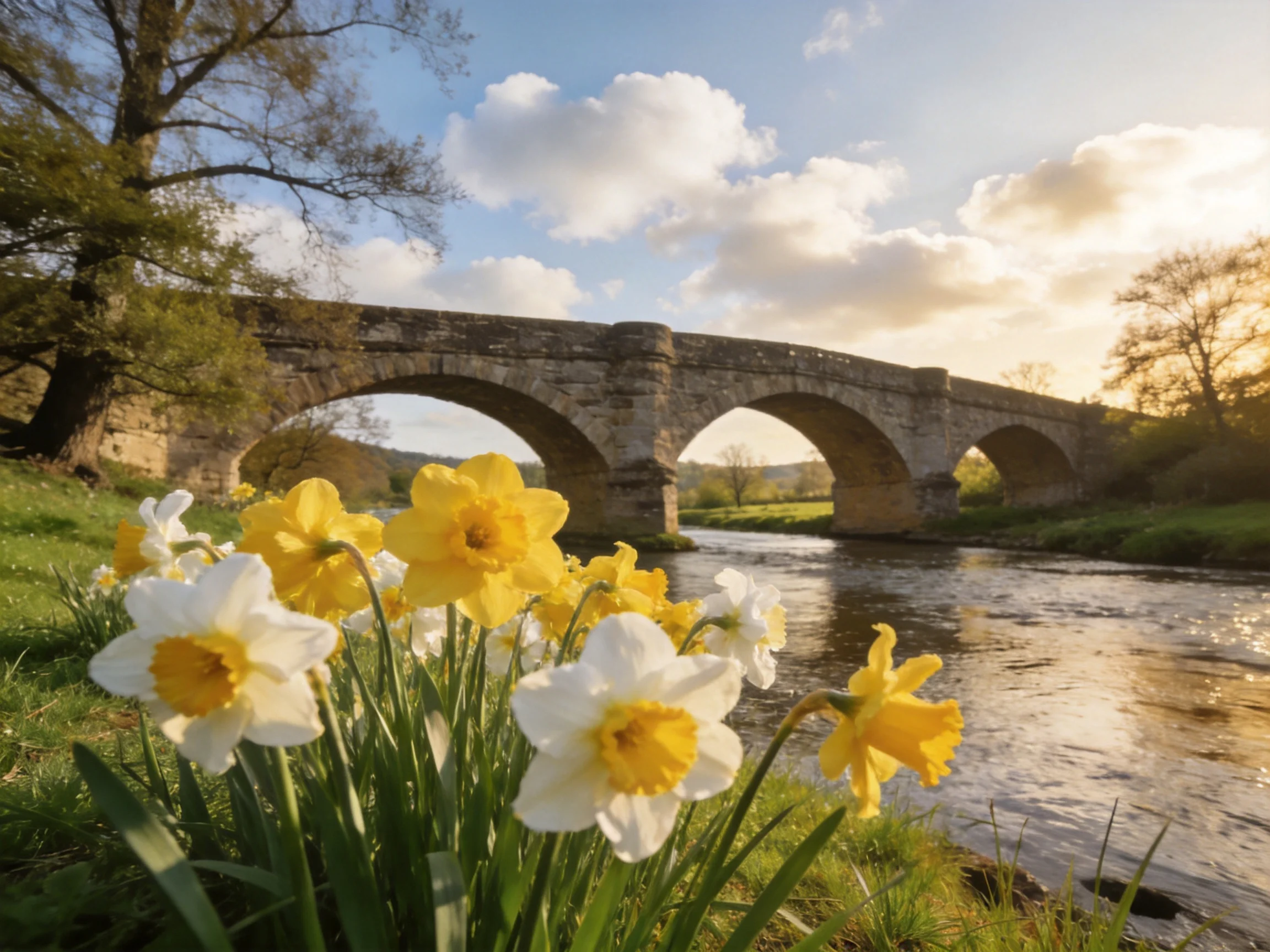 A historic stone bridge spans a river with blooming yellow and white flowers