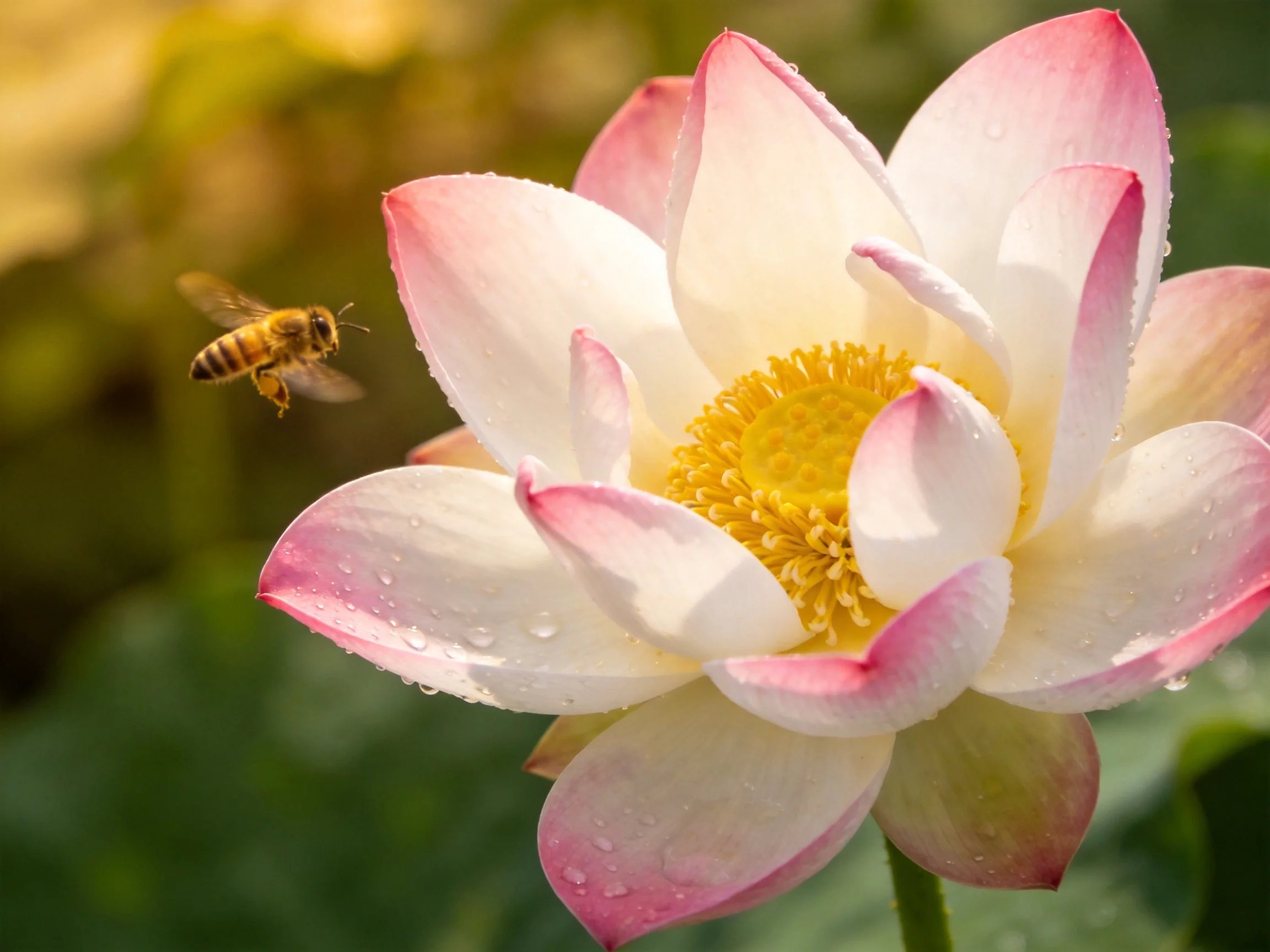 A honeybee approaches a pink-and-white blooming lotus with dewdrops