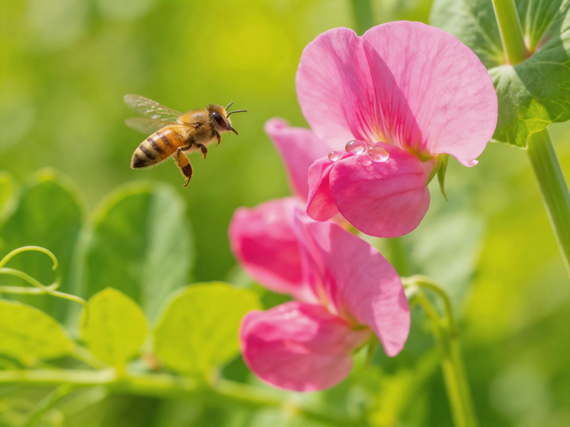 A honeybee approaches vibrant pink blooms amid lush greenery