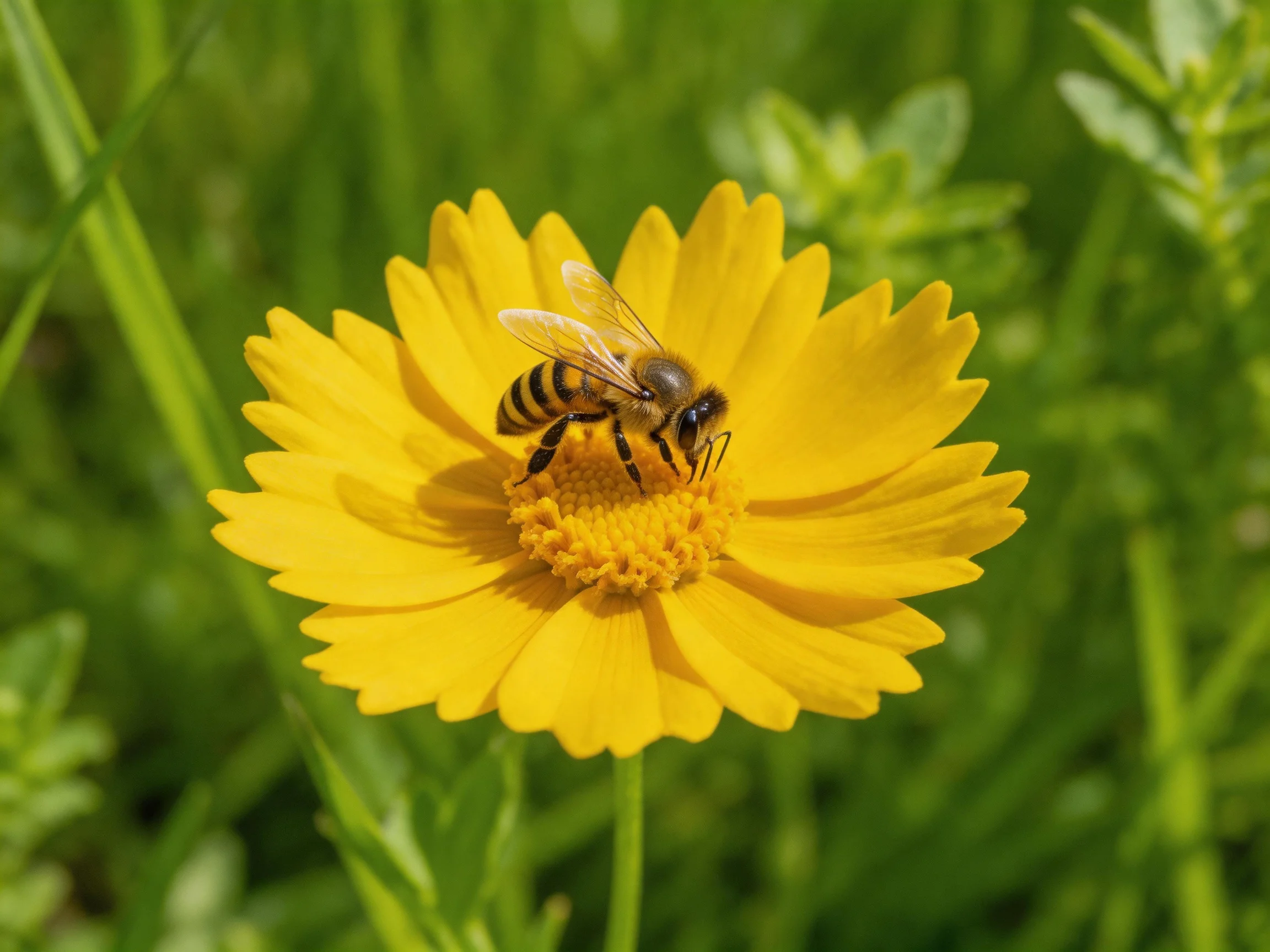 A honeybee collecting nectar from a bright yellow flower
