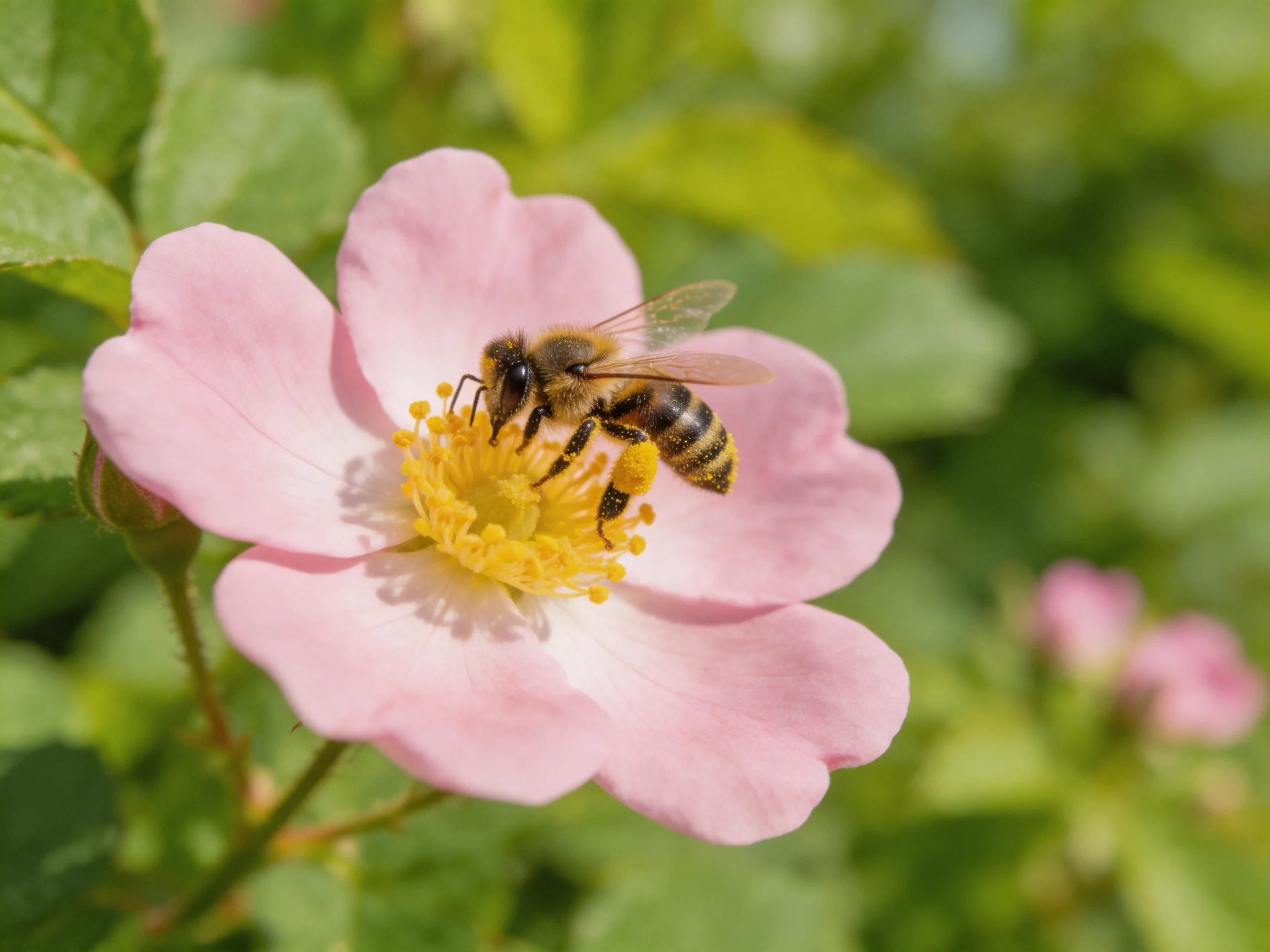 A honeybee collecting nectar from a soft pink flower