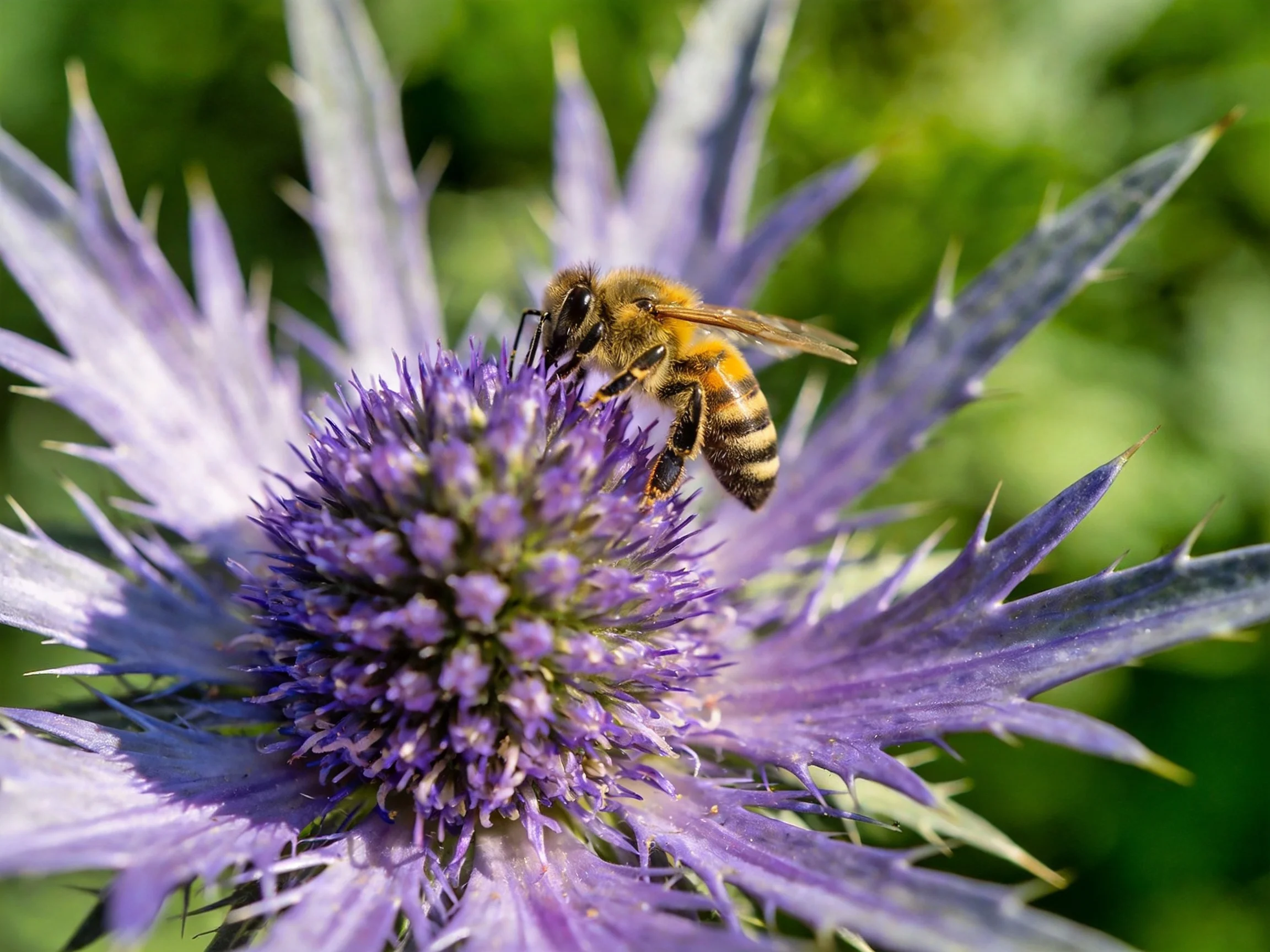 A honeybee collecting nectar from a spiky purple flower