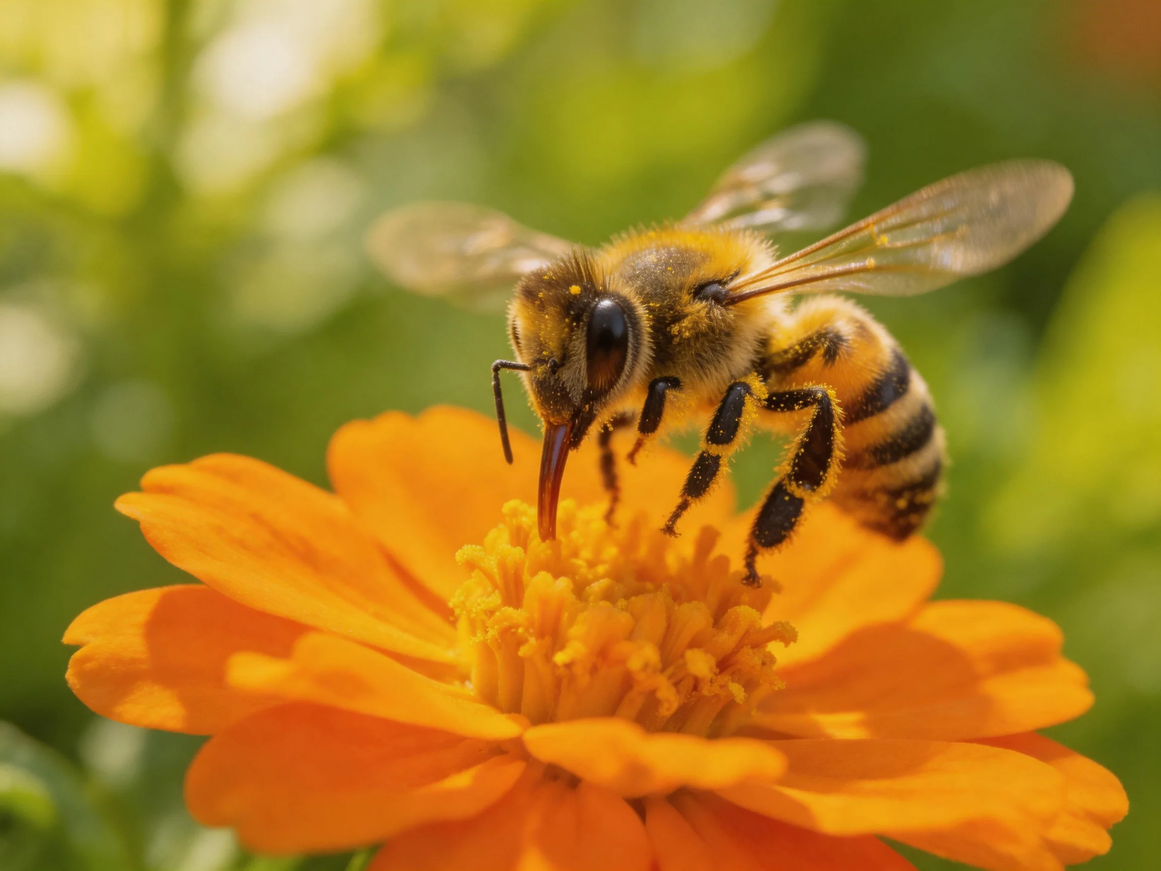 A honeybee collecting nectar from a vibrant orange flower