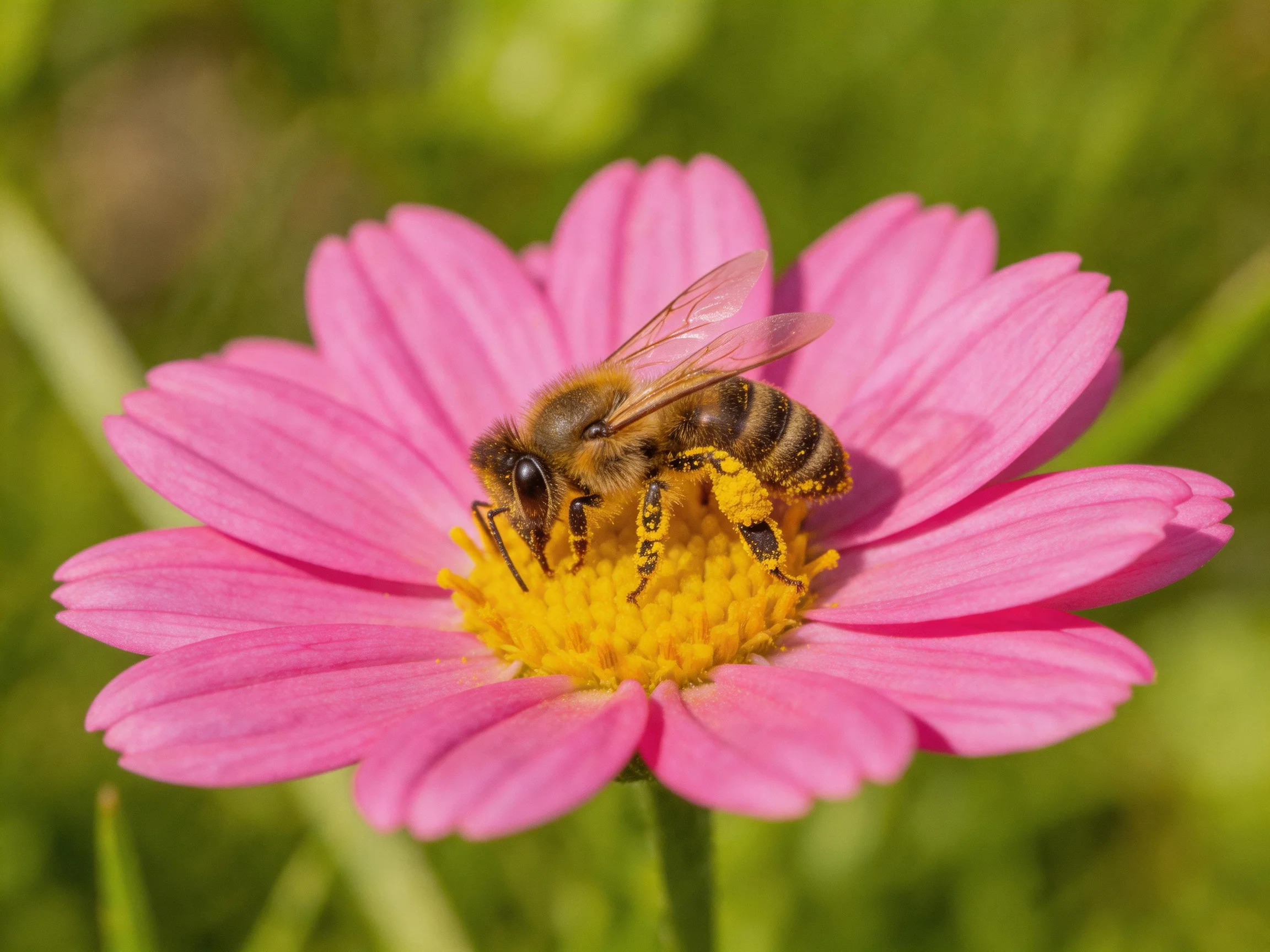 A honeybee collecting nectar from a vibrant pink flower