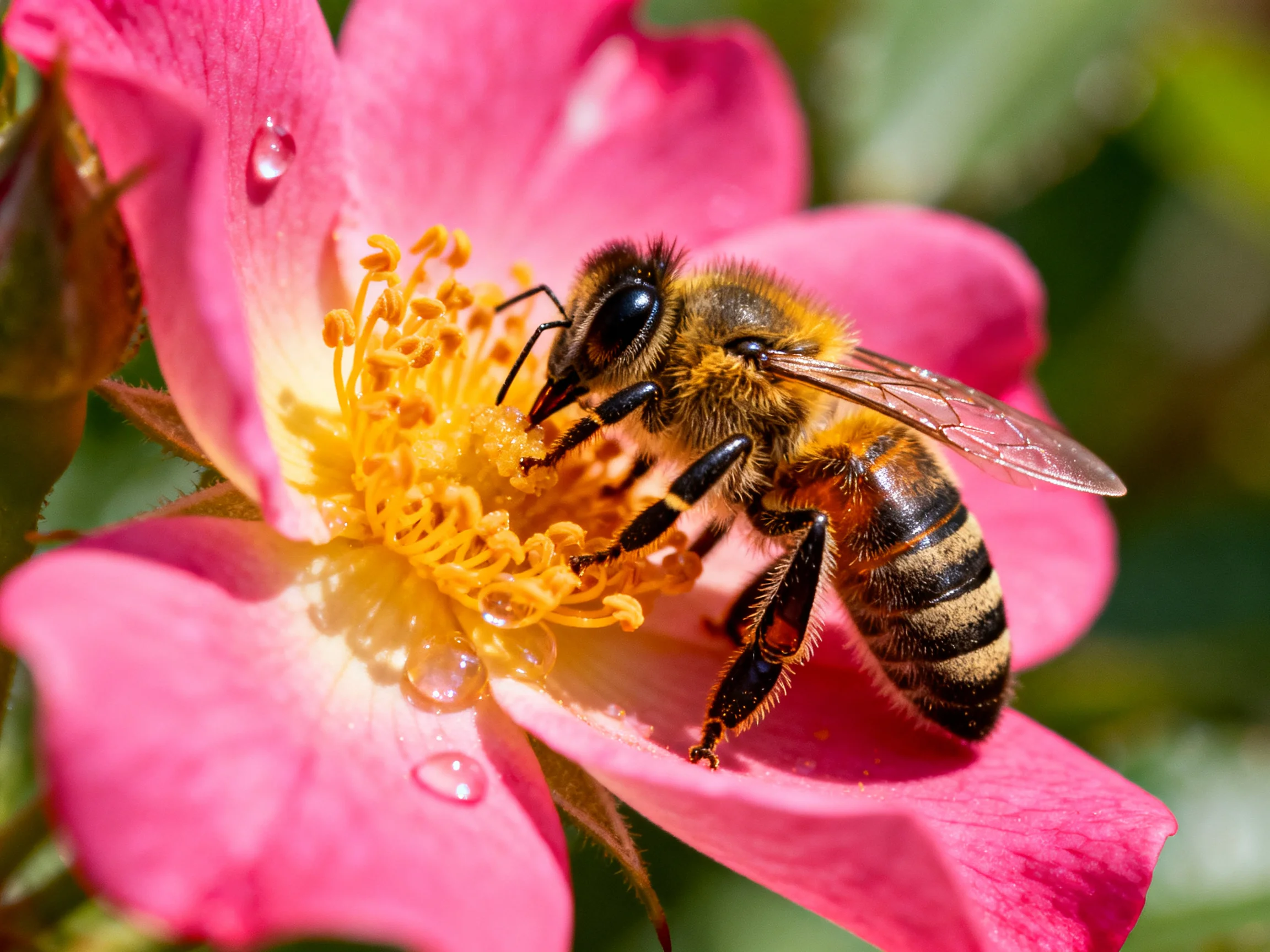 A honeybee collecting nectar from a vibrant pink rose with golden stamens