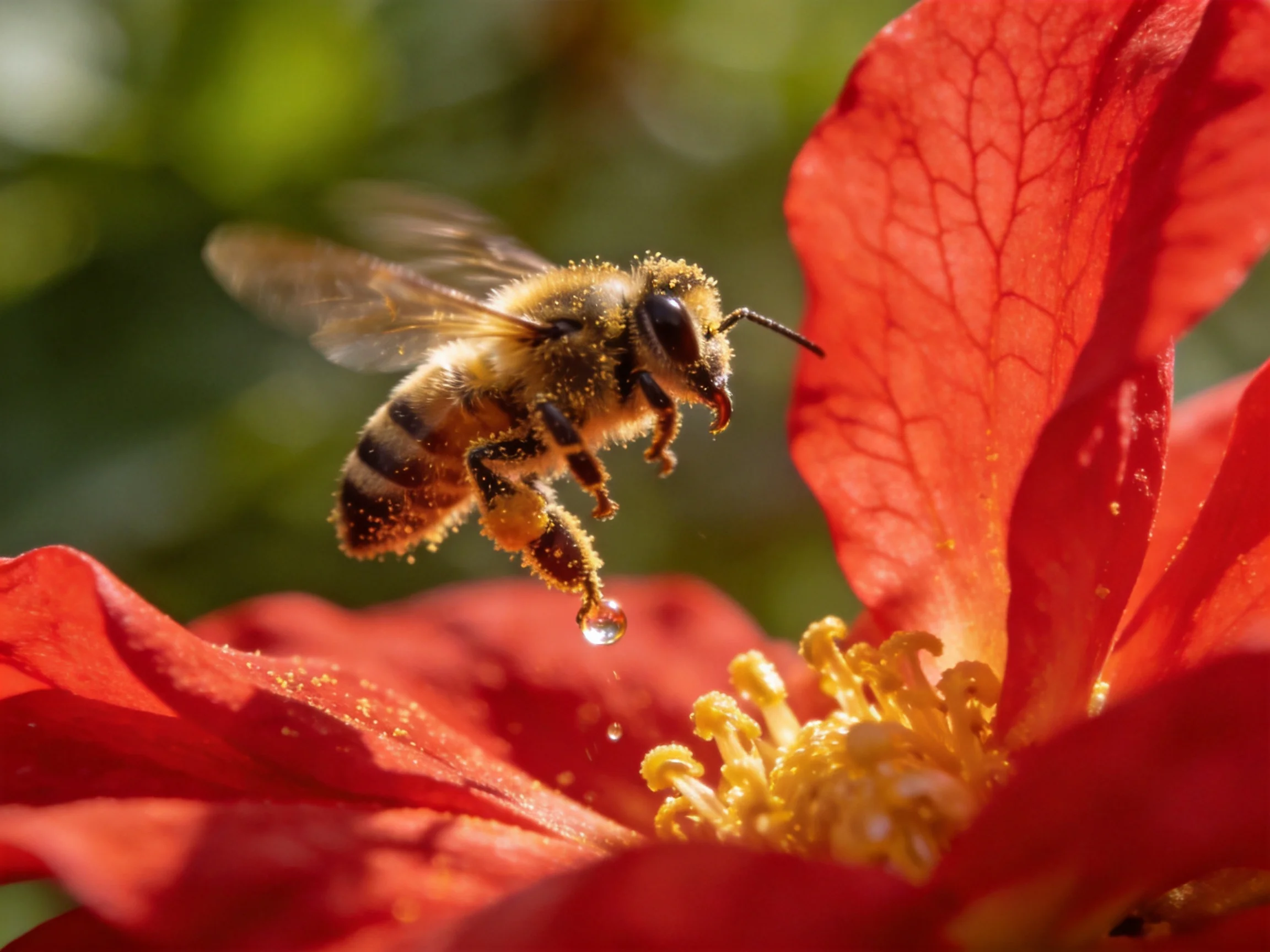 A honeybee collecting nectar from a vibrant red flower