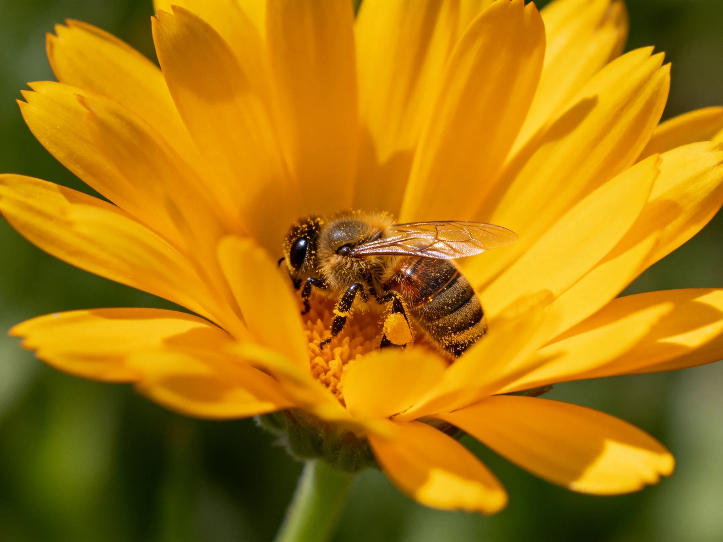 A honeybee collecting nectar from a vibrant yellow marigold