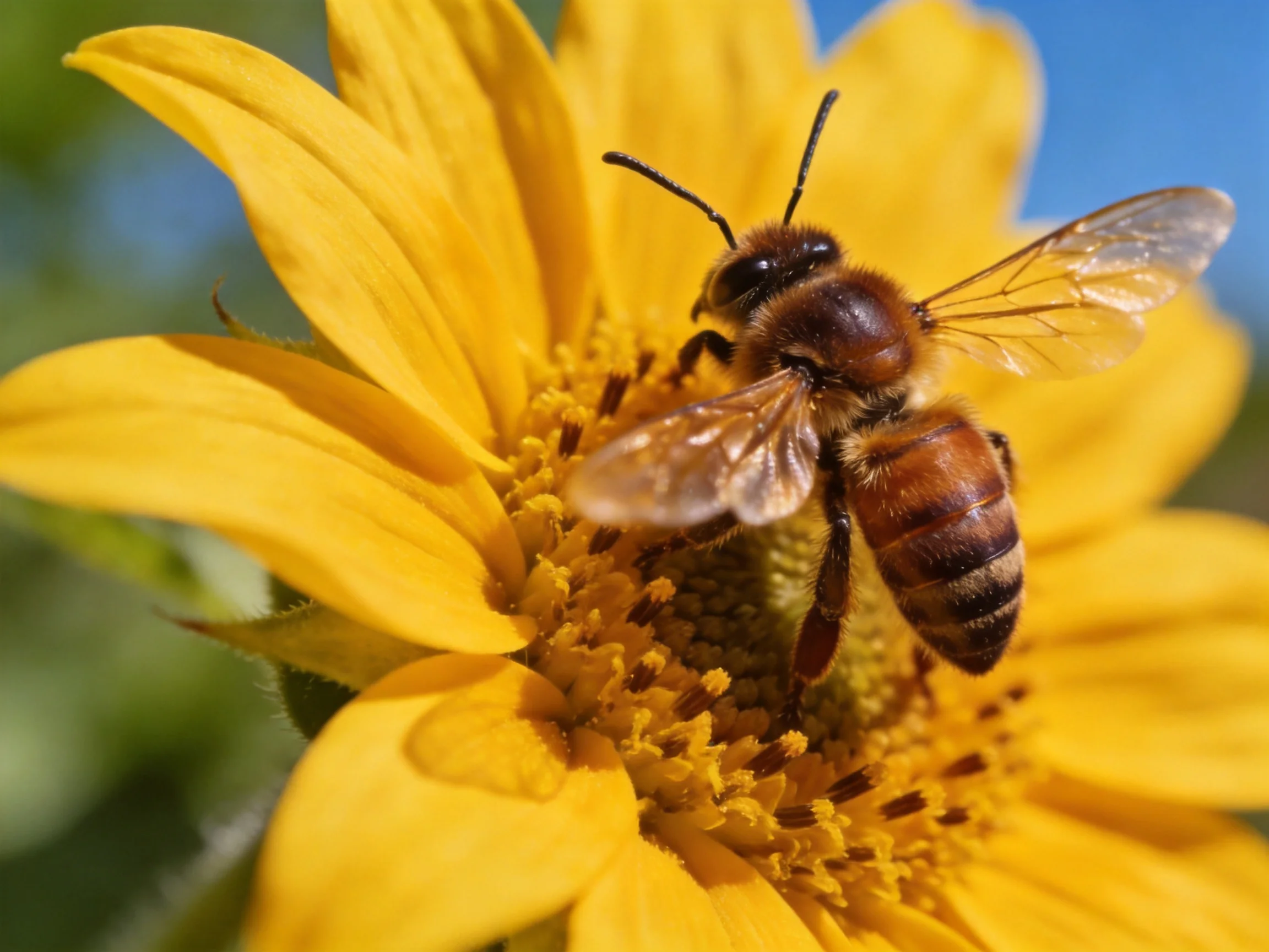 A honeybee collecting nectar from a vibrant yellow sunflower