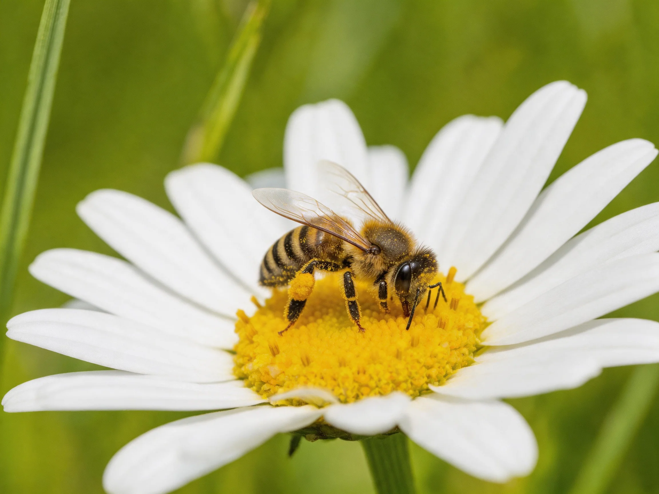 A honeybee collecting nectar from a white daisy with a yellow center