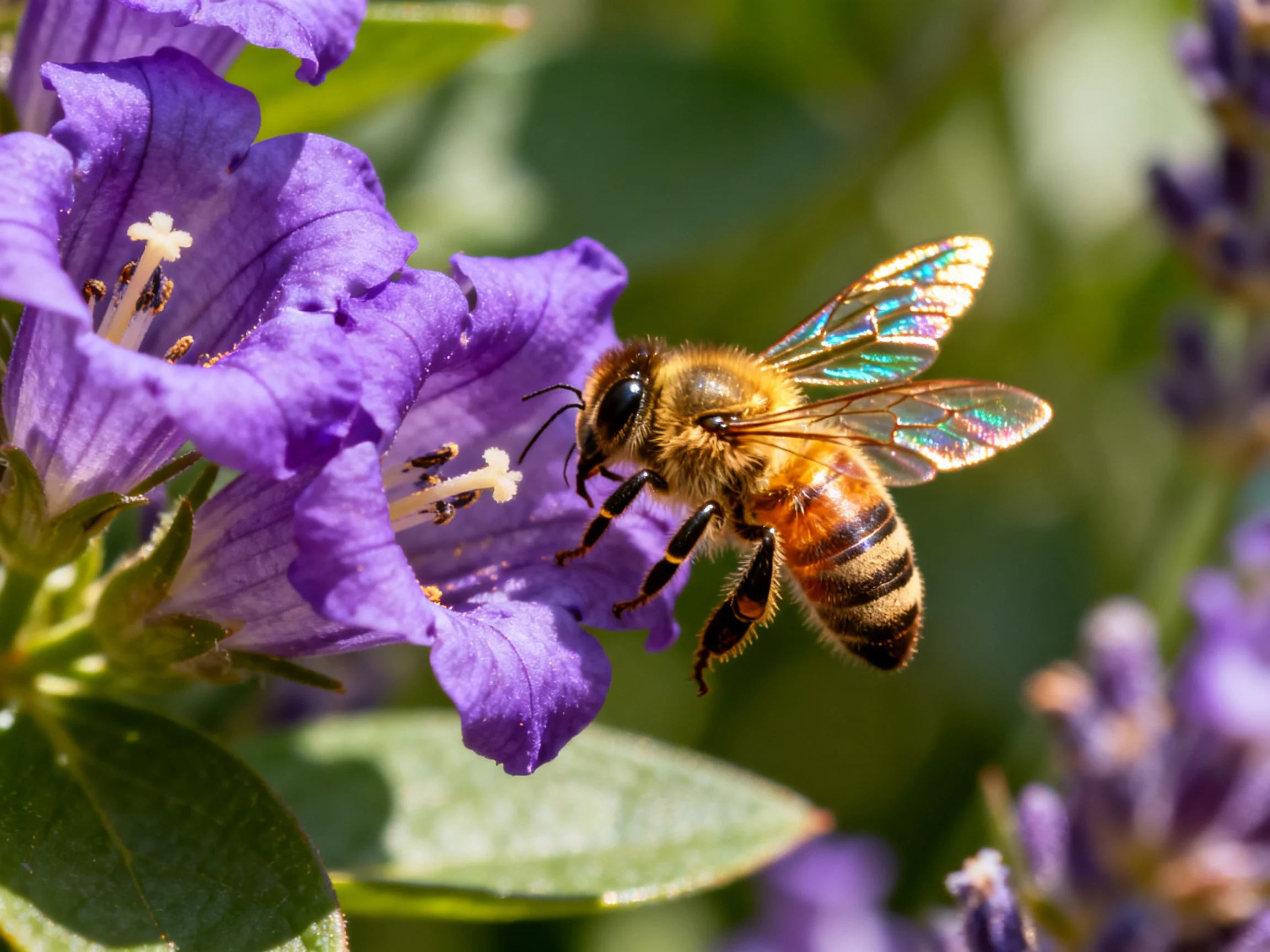 A honeybee collecting nectar from vibrant purple blooms
