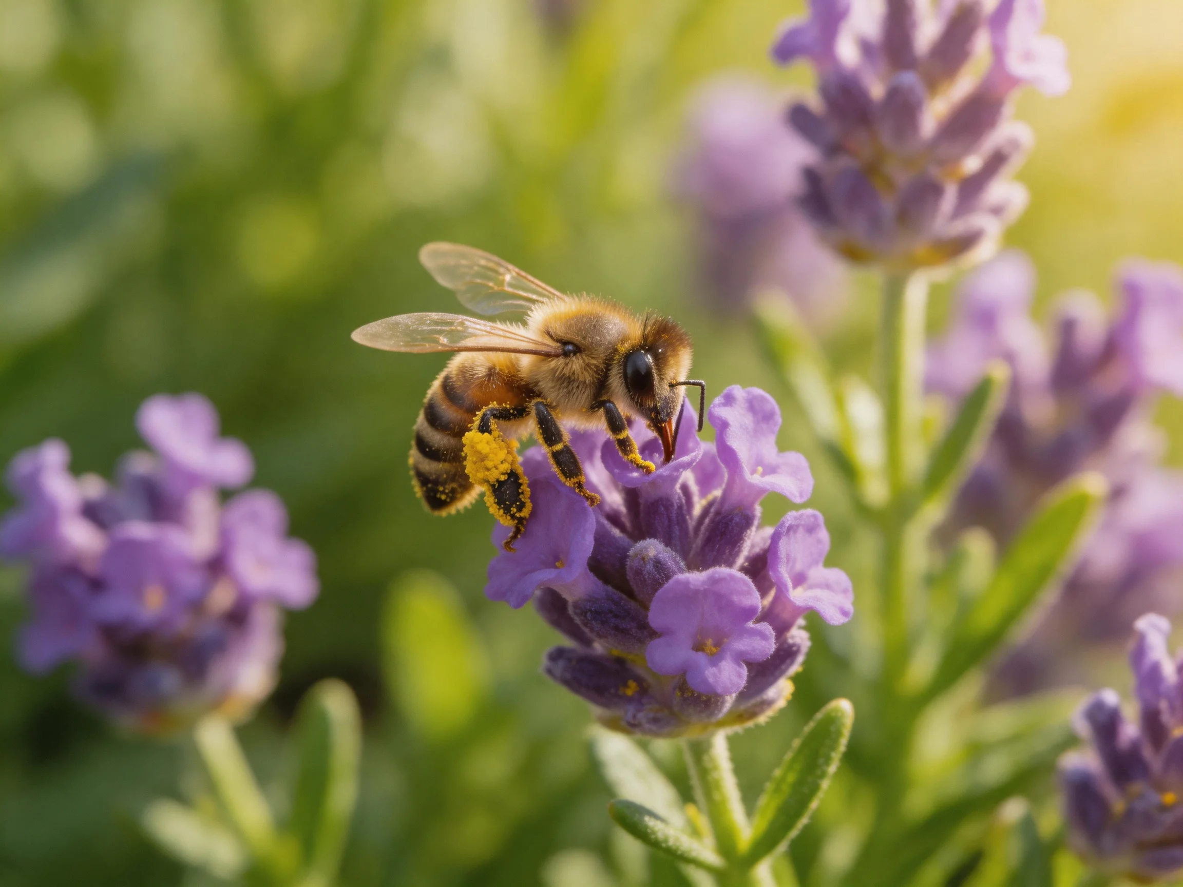 A honeybee collecting nectar from vibrant purple lavender blossoms