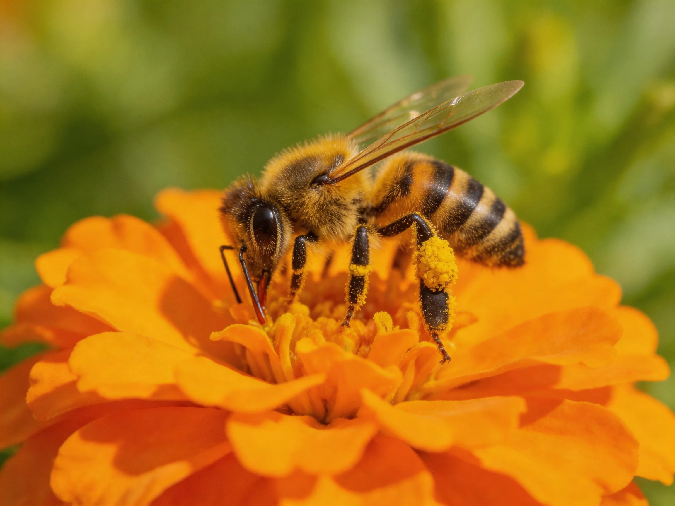 A honeybee collecting pollen from a bright orange flower