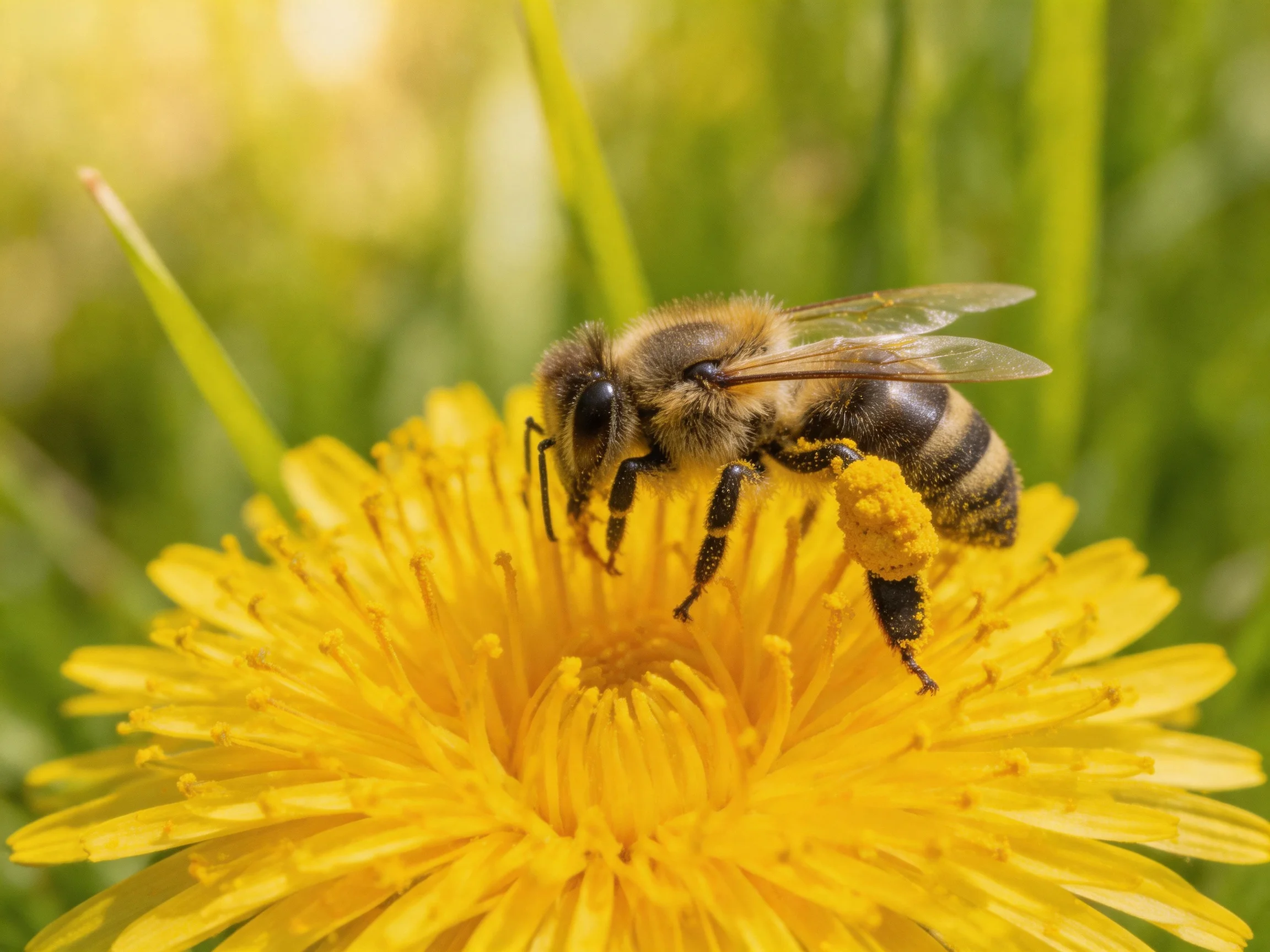 A honeybee collecting pollen from a bright yellow dandelion