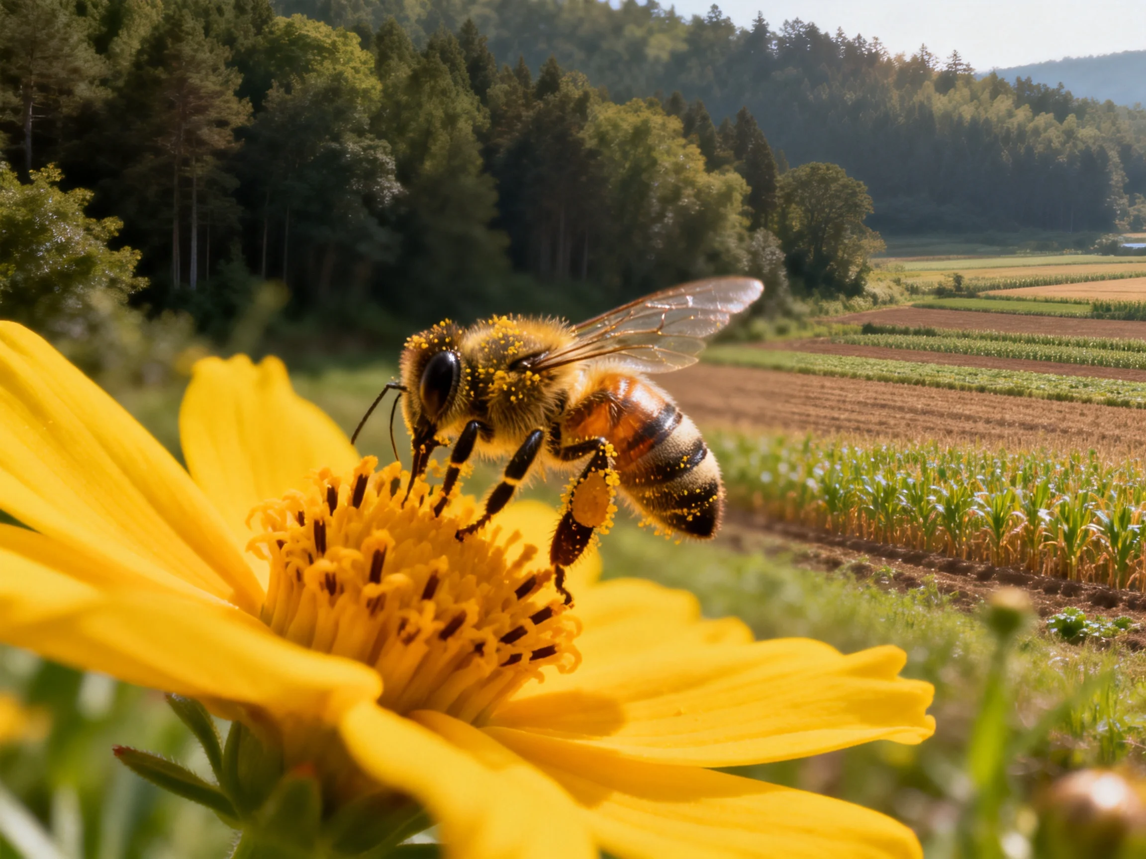 A honeybee collecting pollen from a bright yellow flower near agricultural fields
