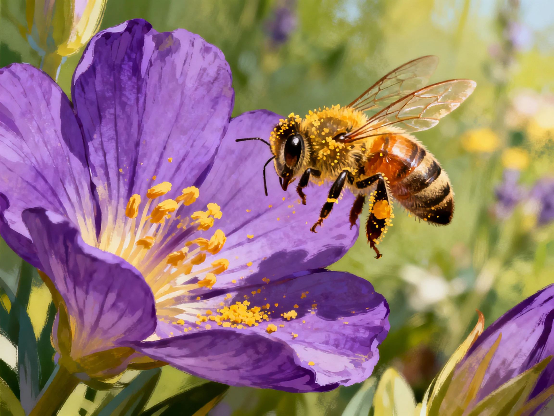 A honeybee collecting pollen from a large purple flower