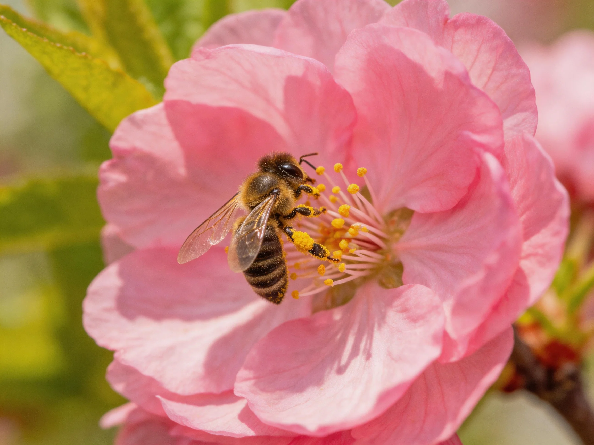 A honeybee collecting pollen from a vibrant pink cherry blossom