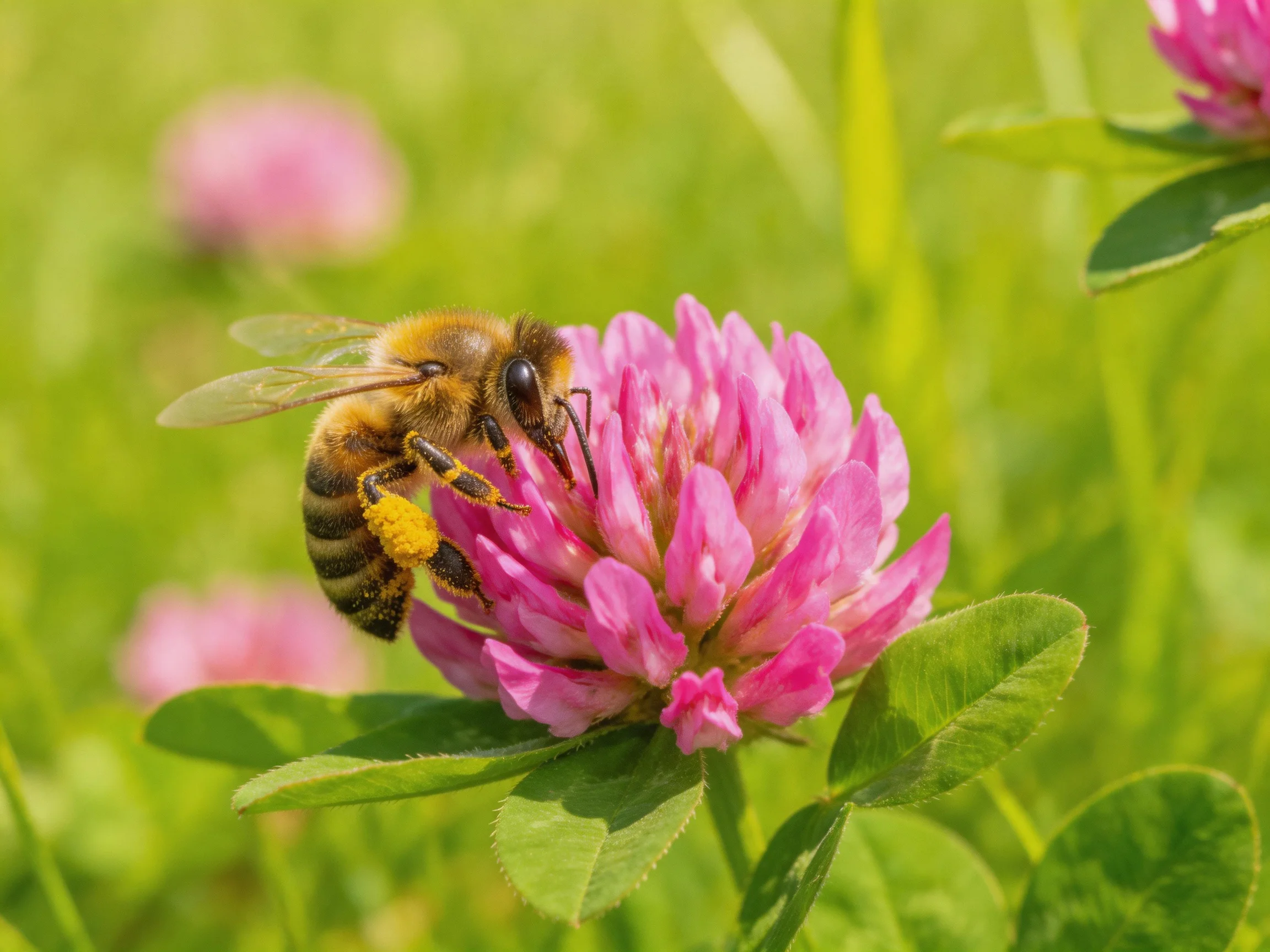 A honeybee collecting pollen from a vibrant pink clover flower