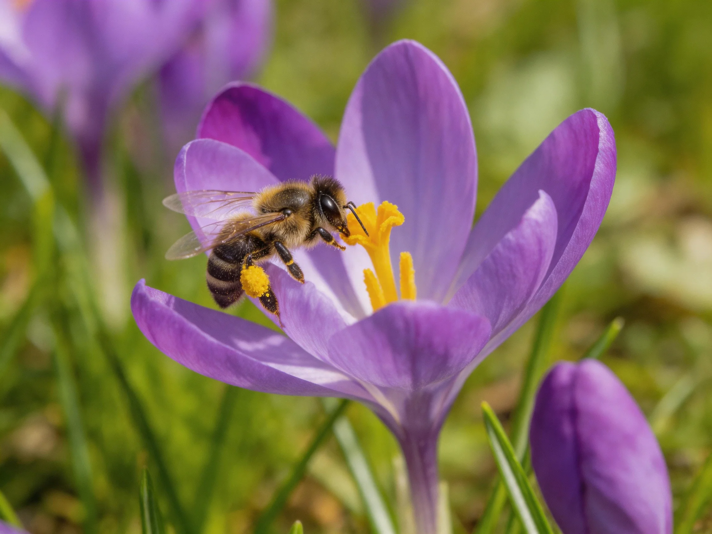 A honeybee collecting pollen from a vibrant purple crocus flower