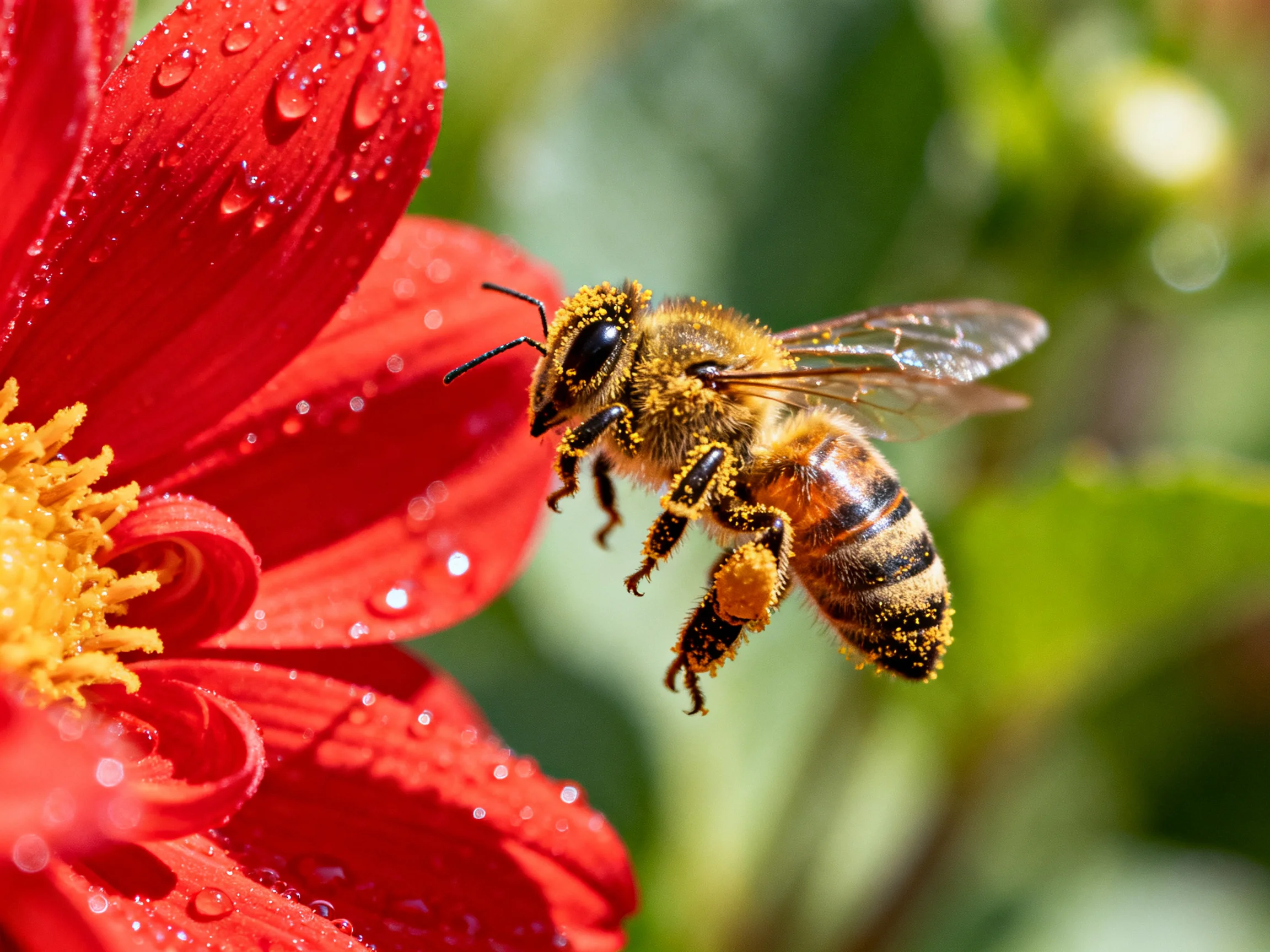 A honeybee collecting pollen from a vibrant red flower with dew drops