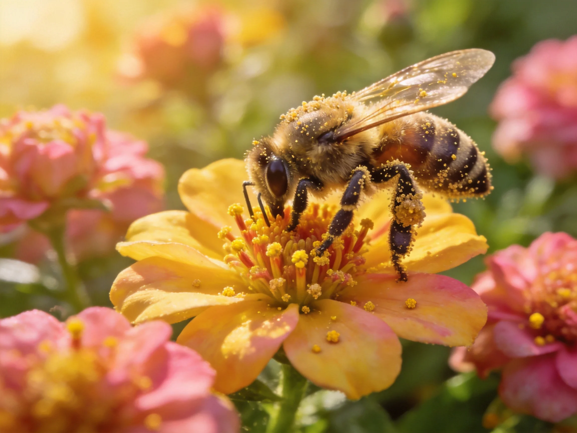 A honeybee collecting pollen from a vibrant yellow flower amid pink blooms