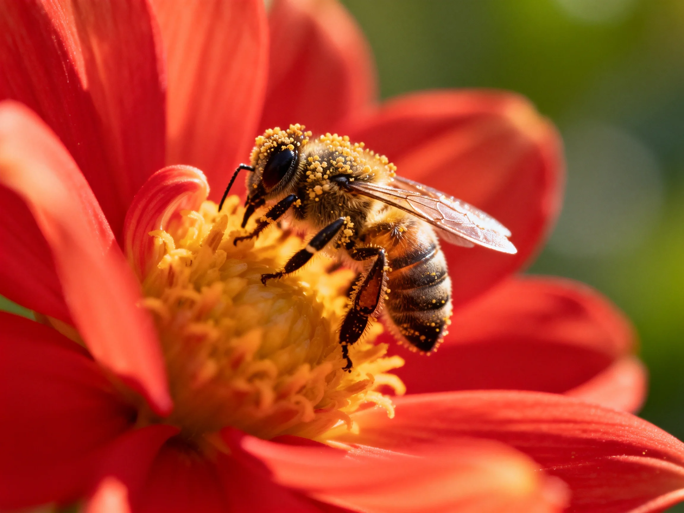 A honeybee collecting pollen from a vivid red flower