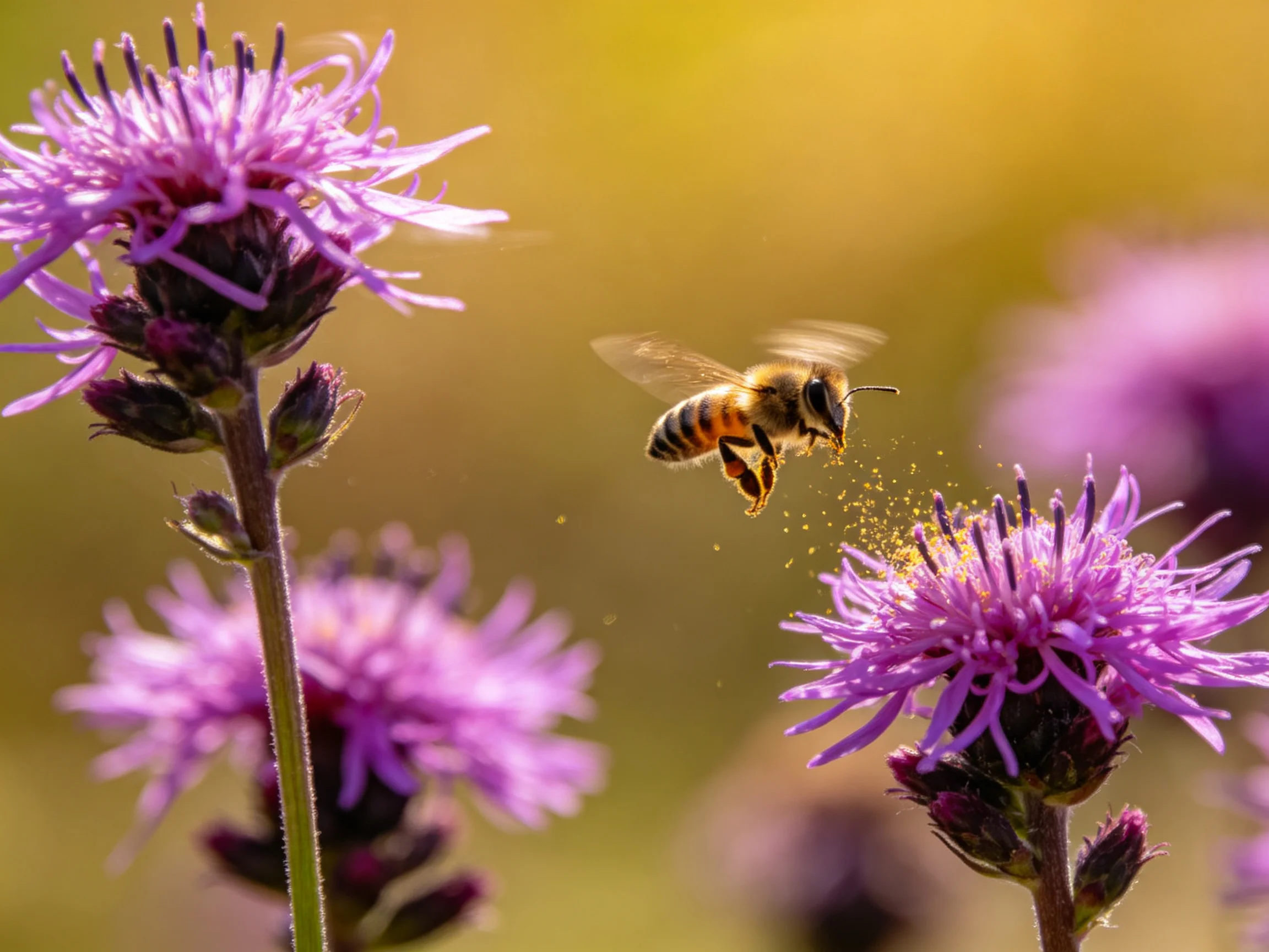 A honeybee collecting pollen from bright purple wildflowers